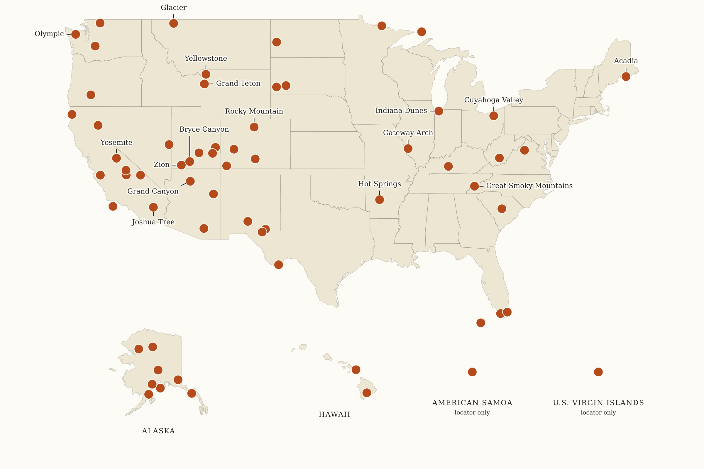 Map of all 63 U.S. National Parks with key park names, rust-colored dots and separate regional insets