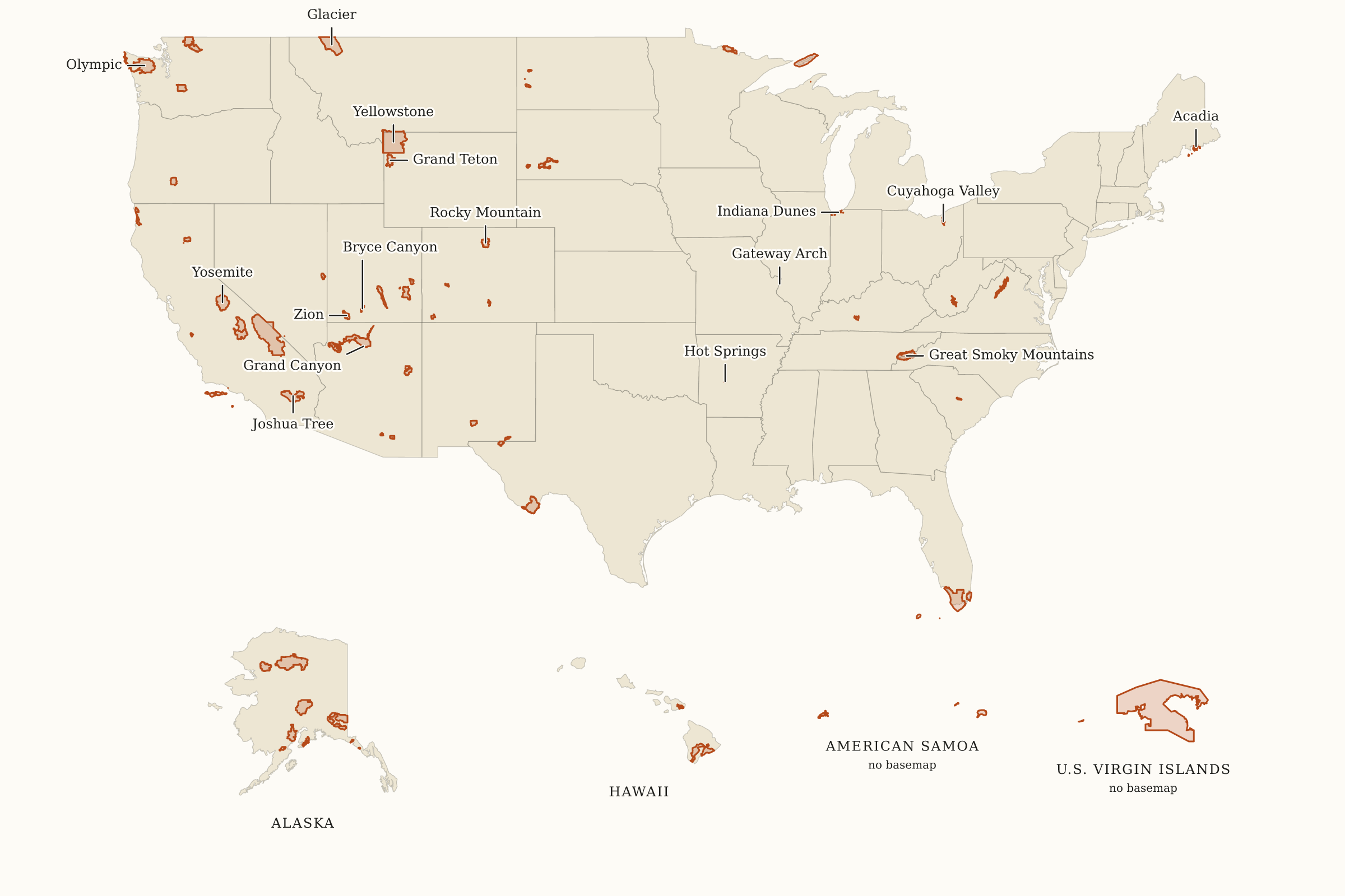 Map of all 63 U.S. National Parks with key park names, rust-colored park areas and separate regional insets