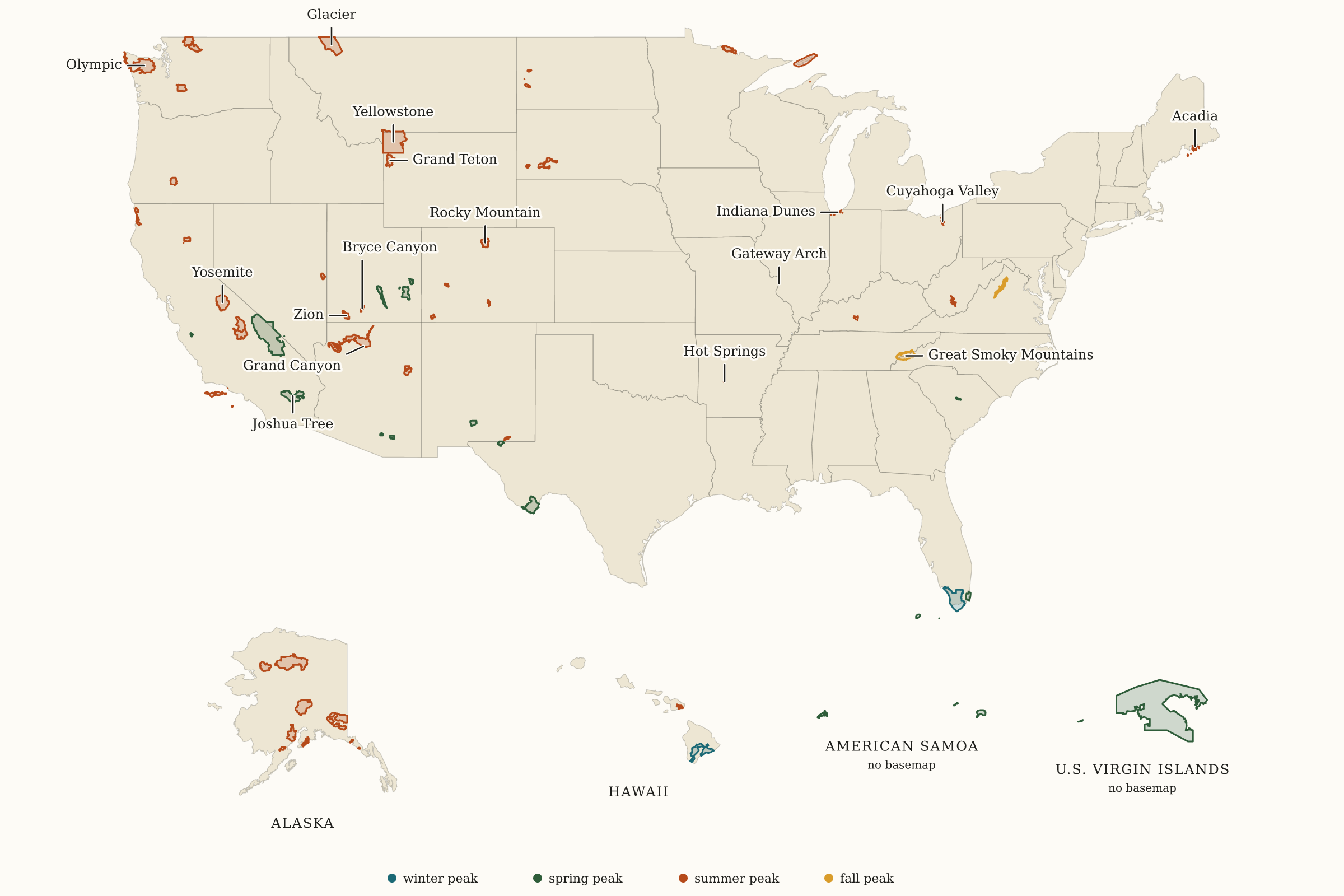 Map of all 63 U.S. National Parks with park areas colored by busiest season and a seasonal color key