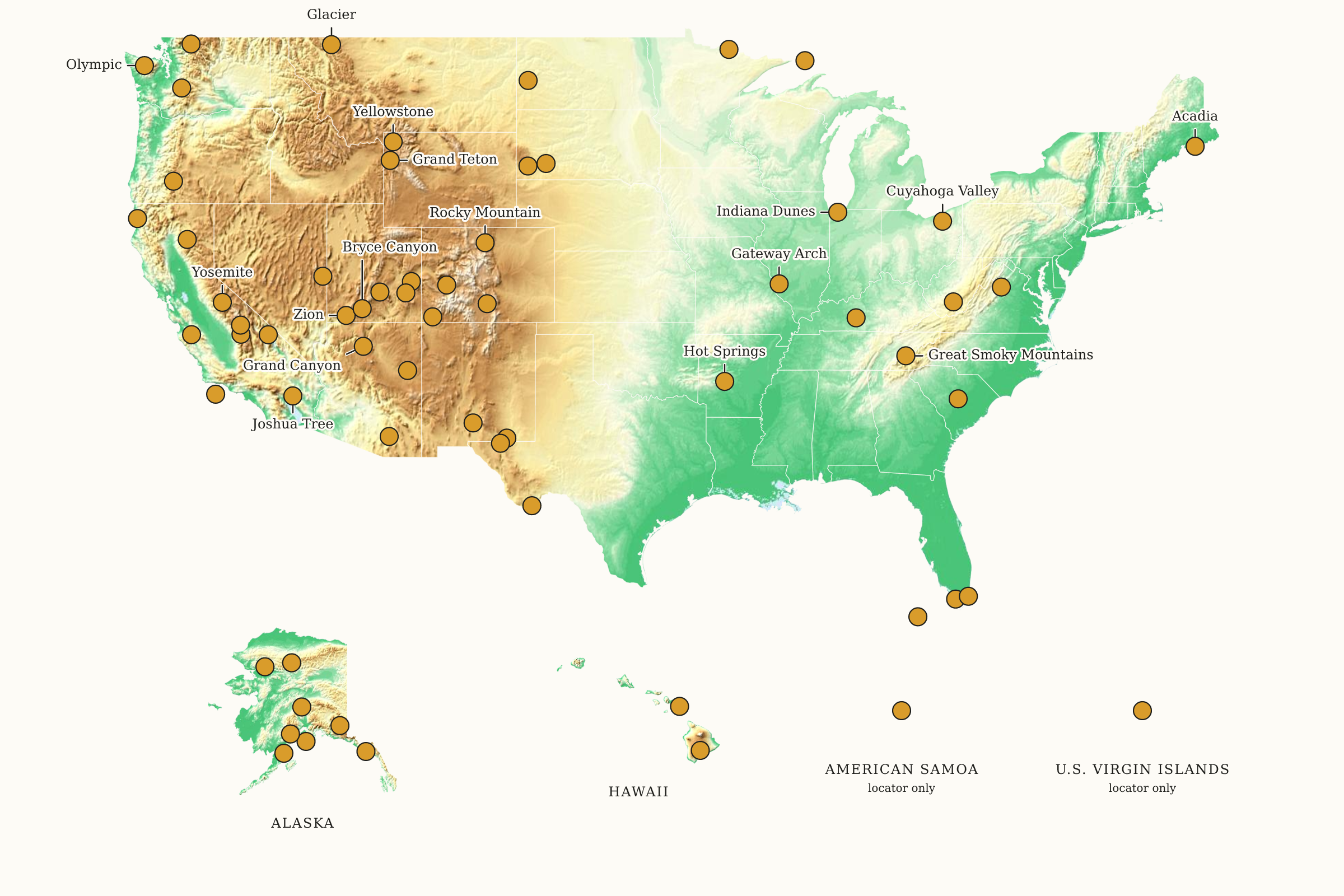 Map of all 63 U.S. National Parks with gold dots over elevation-tinted terrain