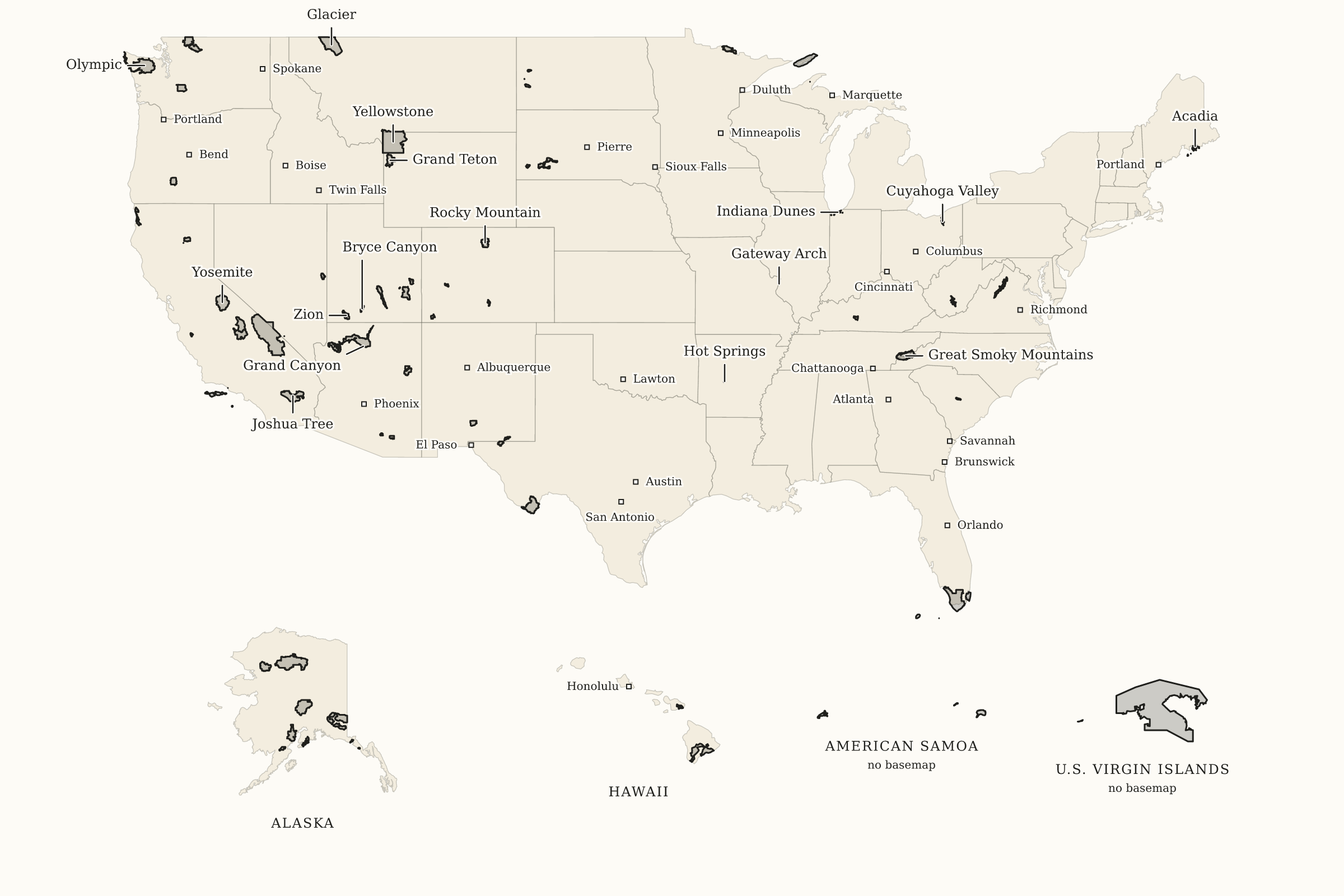Printable map of all 63 U.S. National Parks with key park names, separate regional insets and selected reference cities