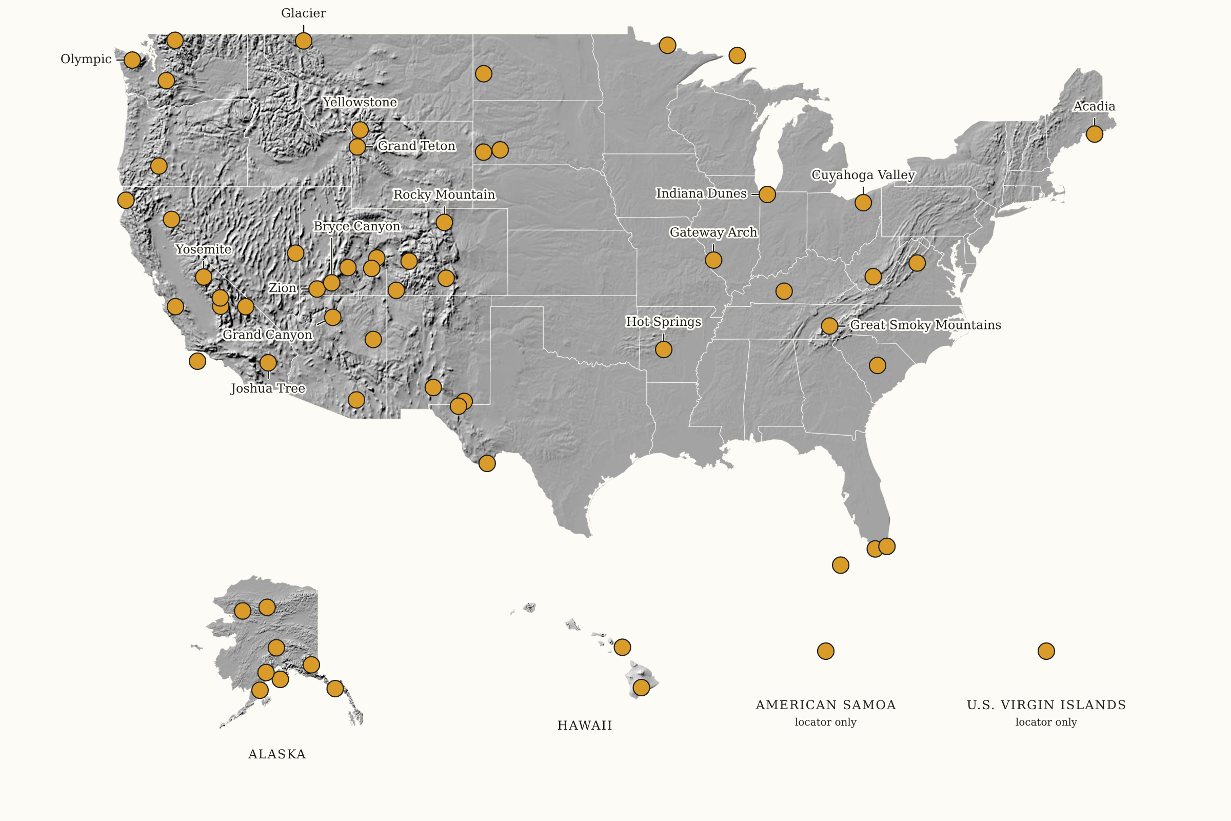 Map of all 63 U.S. National Parks with gold dots over shaded terrain relief