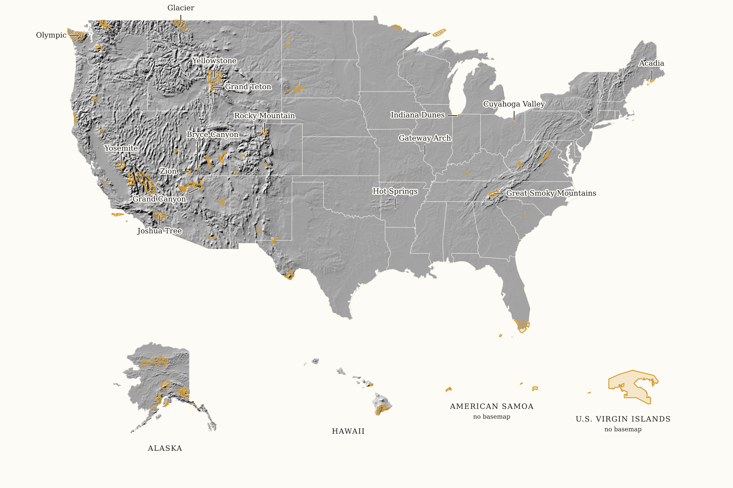 Map of all 63 U.S. National Parks with gold park areas over shaded terrain relief