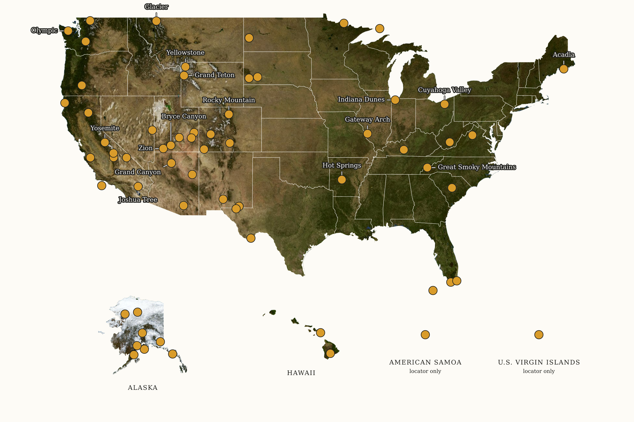 Satellite map of all 63 U.S. National Parks with gold dots, state outlines, and separate regional insets