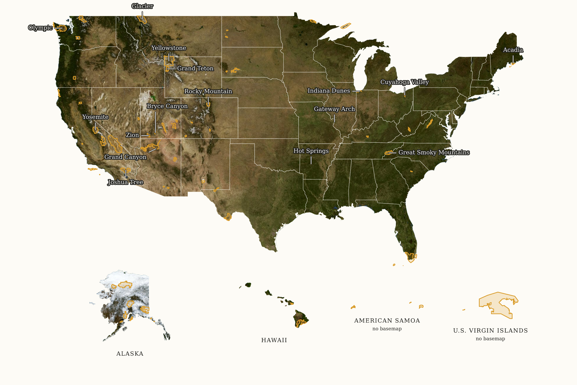 Satellite map of all 63 U.S. National Parks with gold park areas, state outlines, and separate regional insets