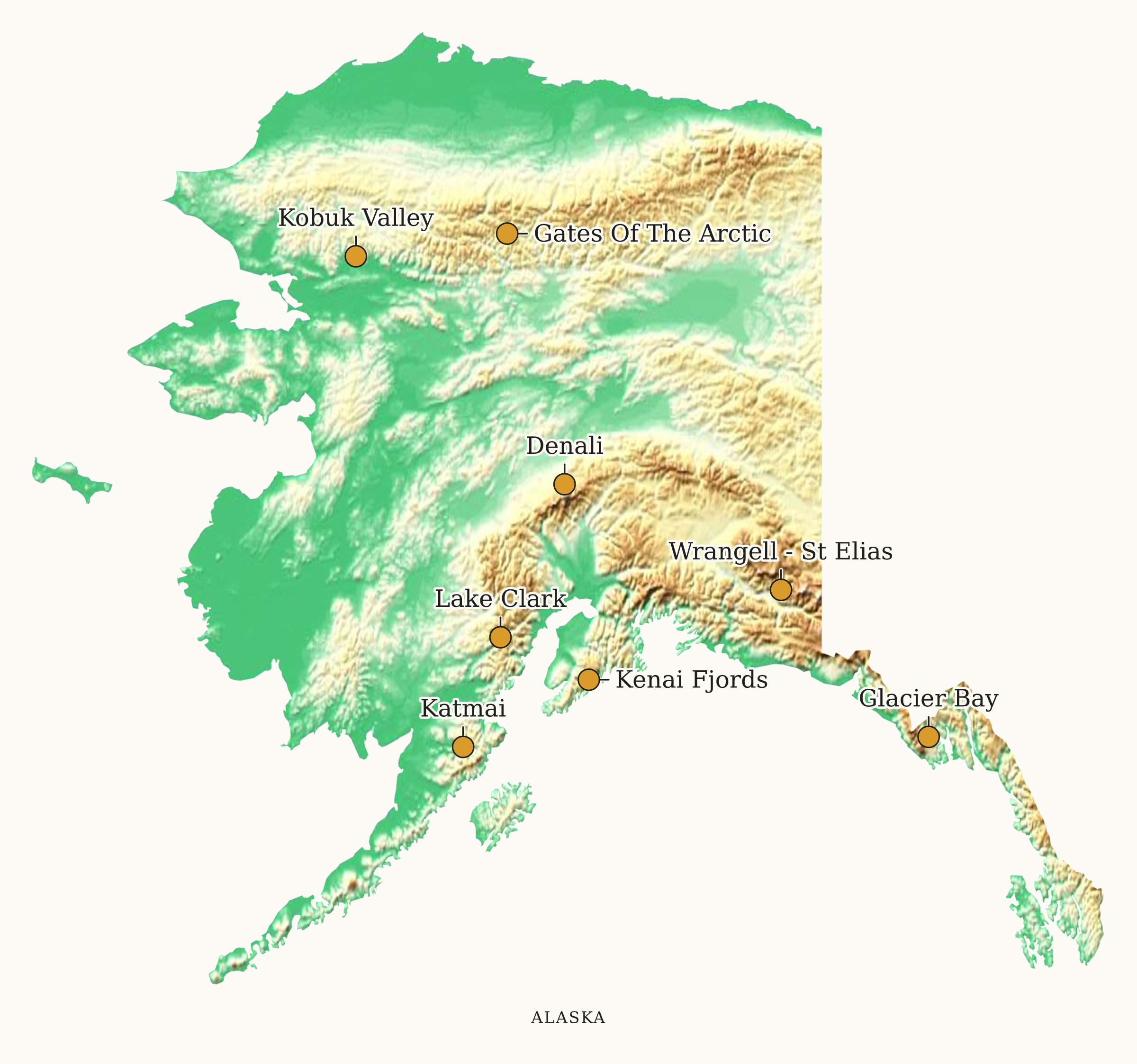Alaska National Parks map: elevation tint map, showing 8 locations, including Denali, Gates Of The Arctic, Glacier Bay