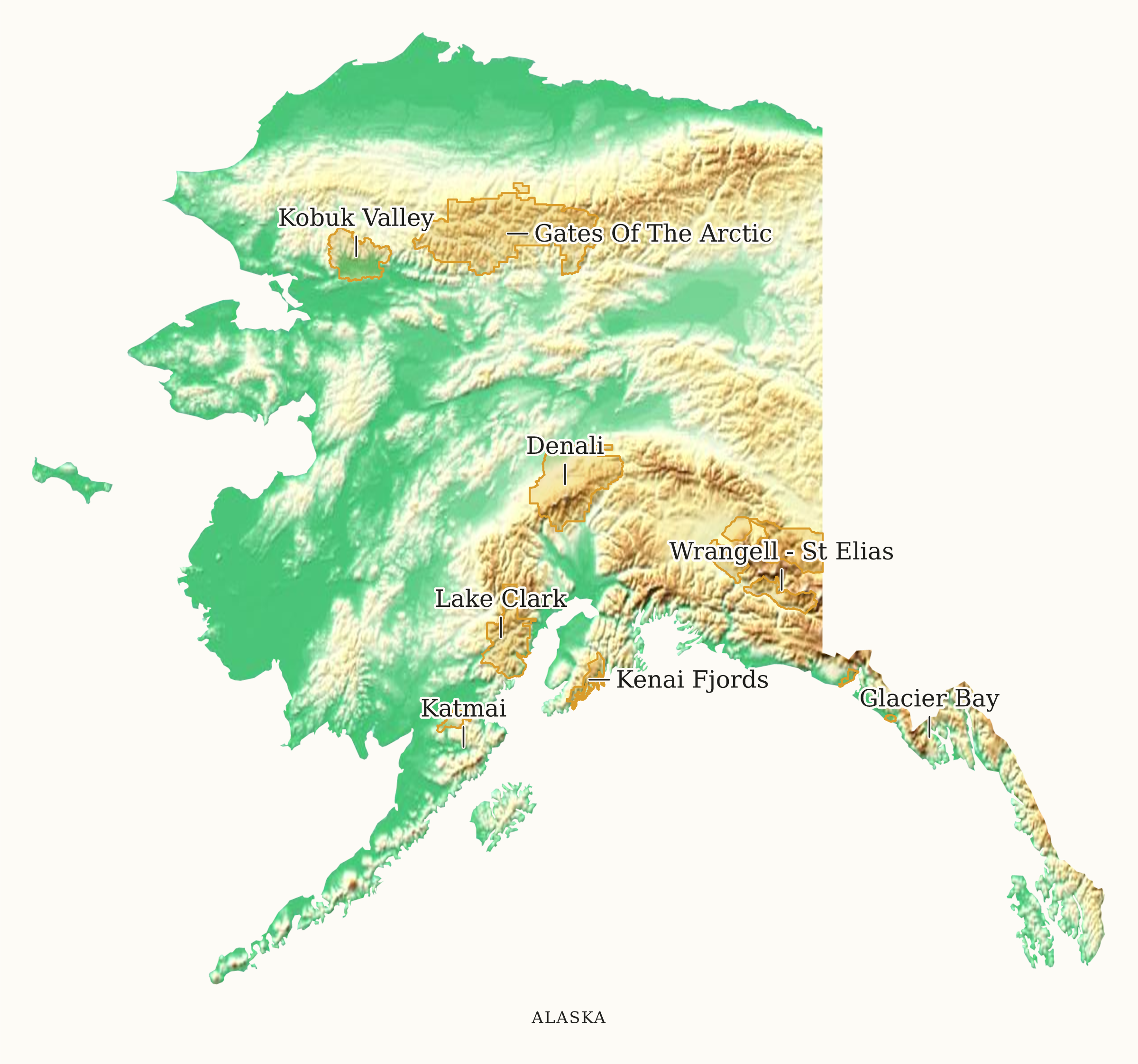 Alaska National Parks map: elevation tint map, showing 8 locations, including Denali, Gates Of The Arctic, Glacier Bay