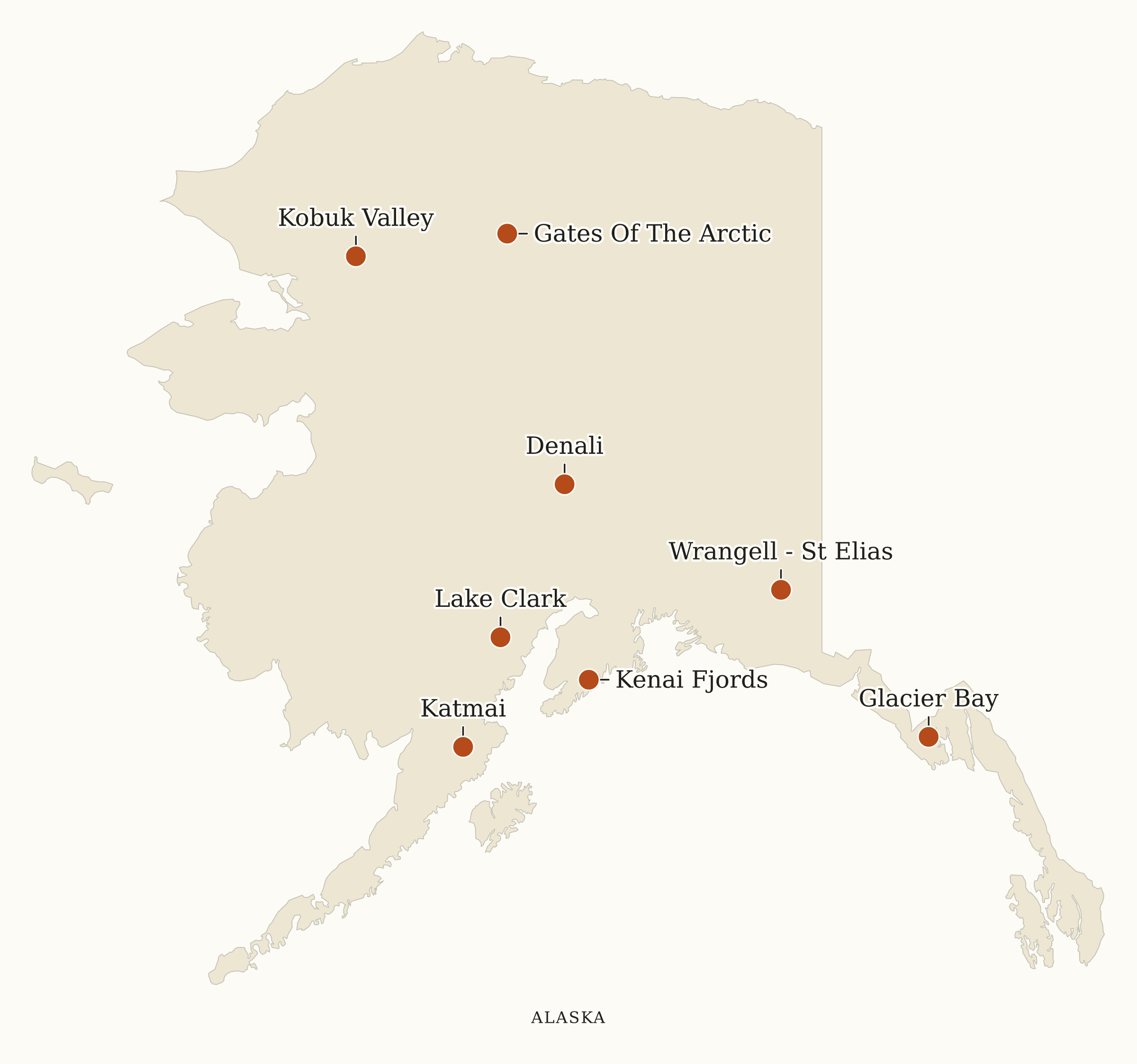 Alaska National Parks map: map with place names, showing 8 locations, including Denali, Gates Of The Arctic, Glacier Bay