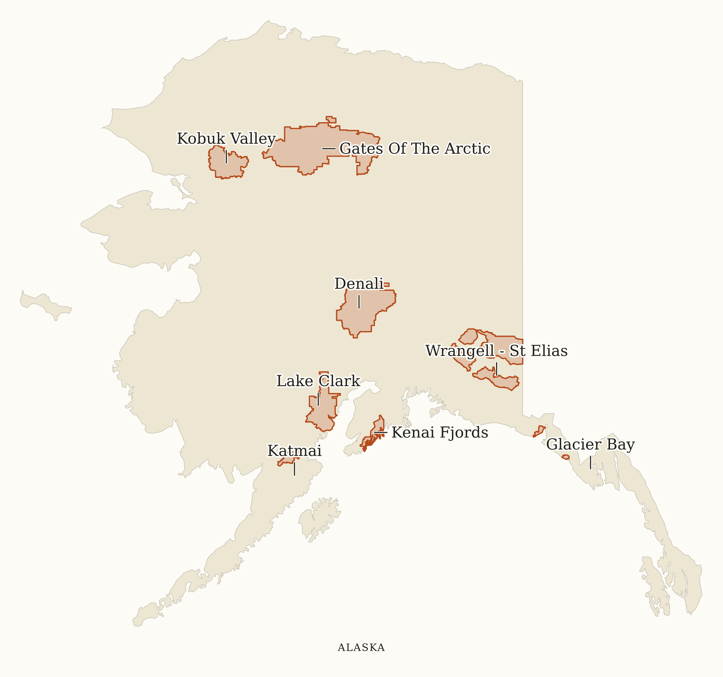 Alaska National Parks map: map with place names, showing 8 locations, including Denali, Gates Of The Arctic, Glacier Bay