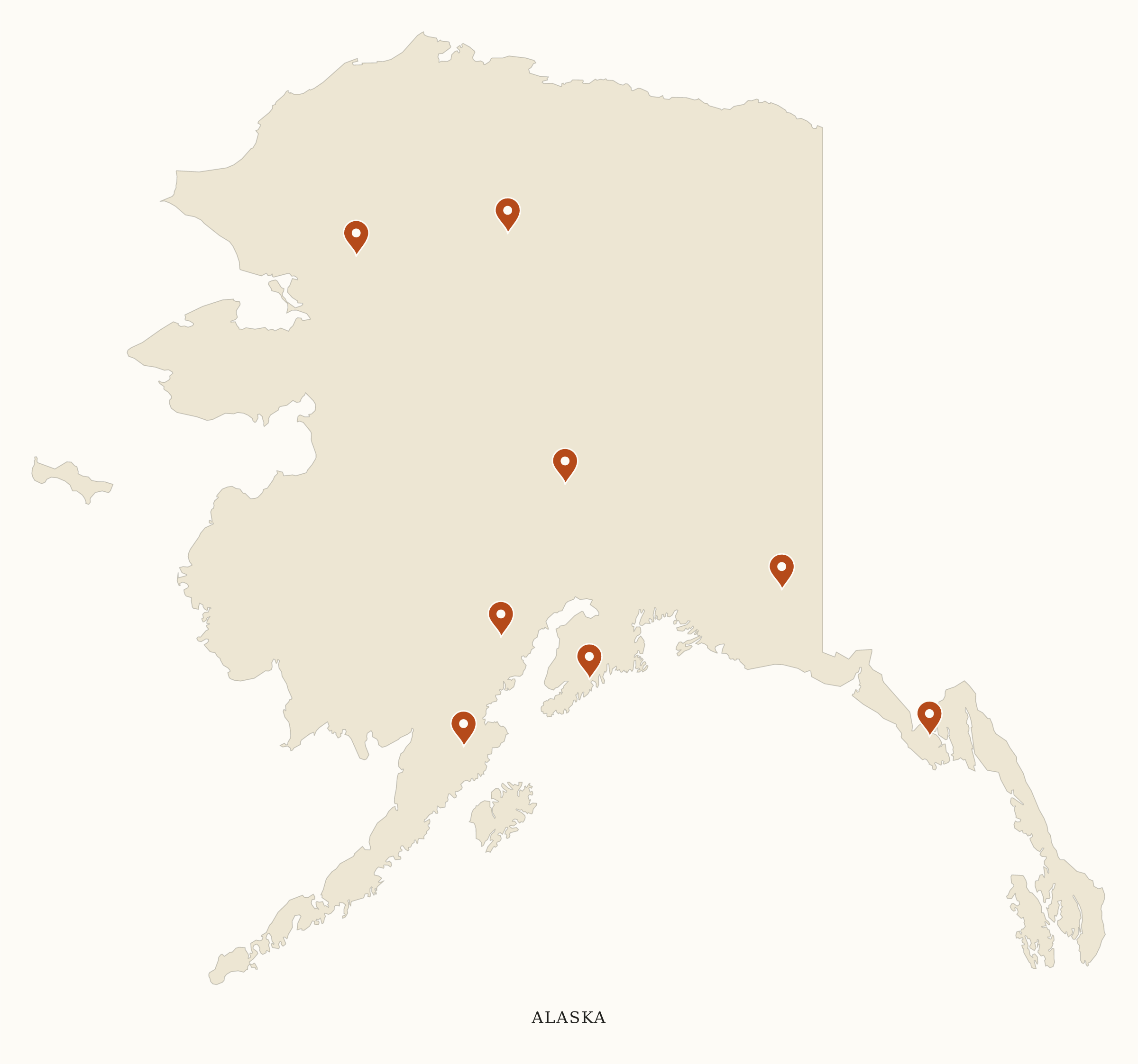 Alaska National Parks map: clean pin map, showing 8 locations, including Denali, Gates Of The Arctic, Glacier Bay