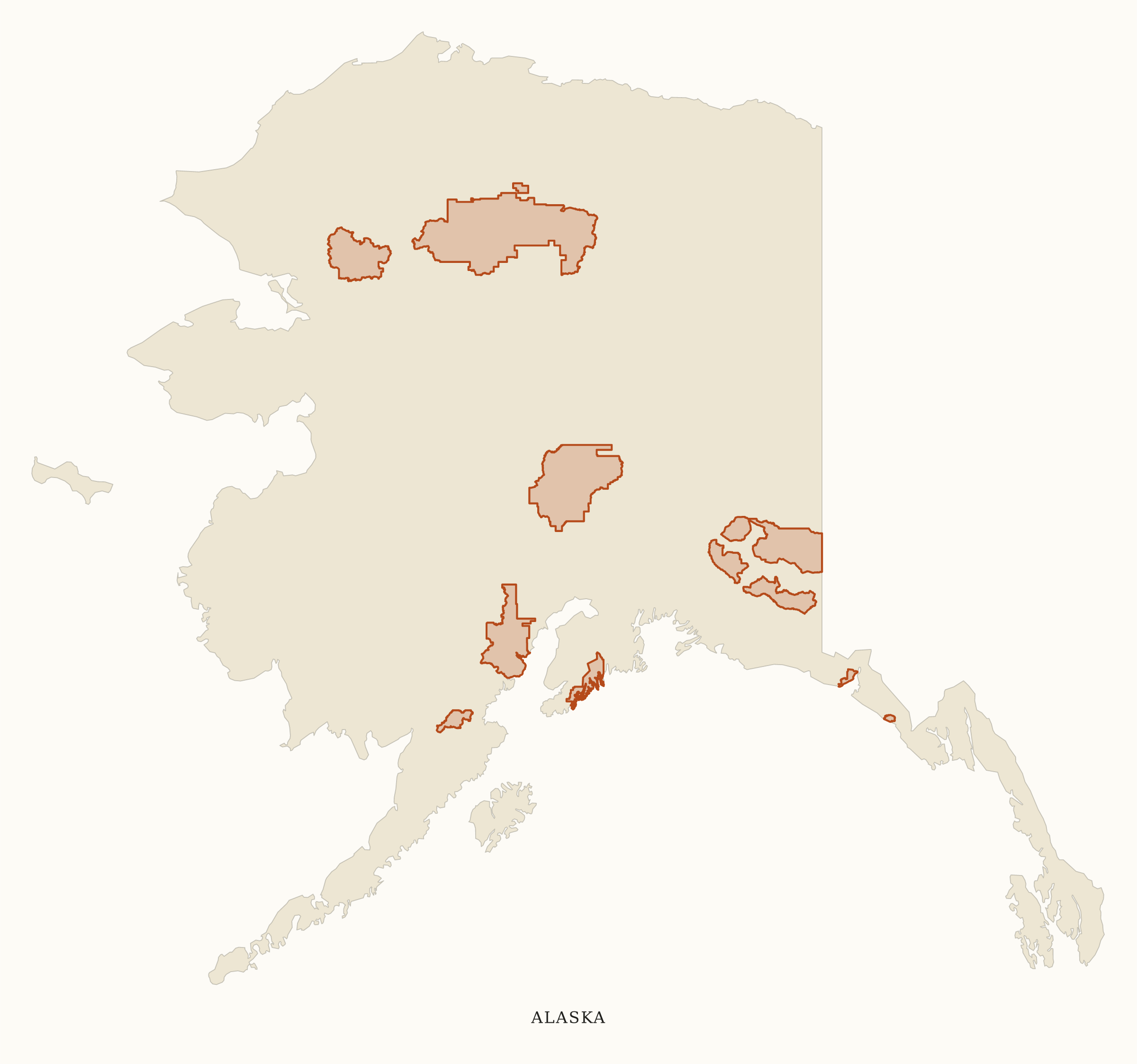 Alaska National Parks map: clean area map, showing 8 locations, including Denali, Gates Of The Arctic, Glacier Bay