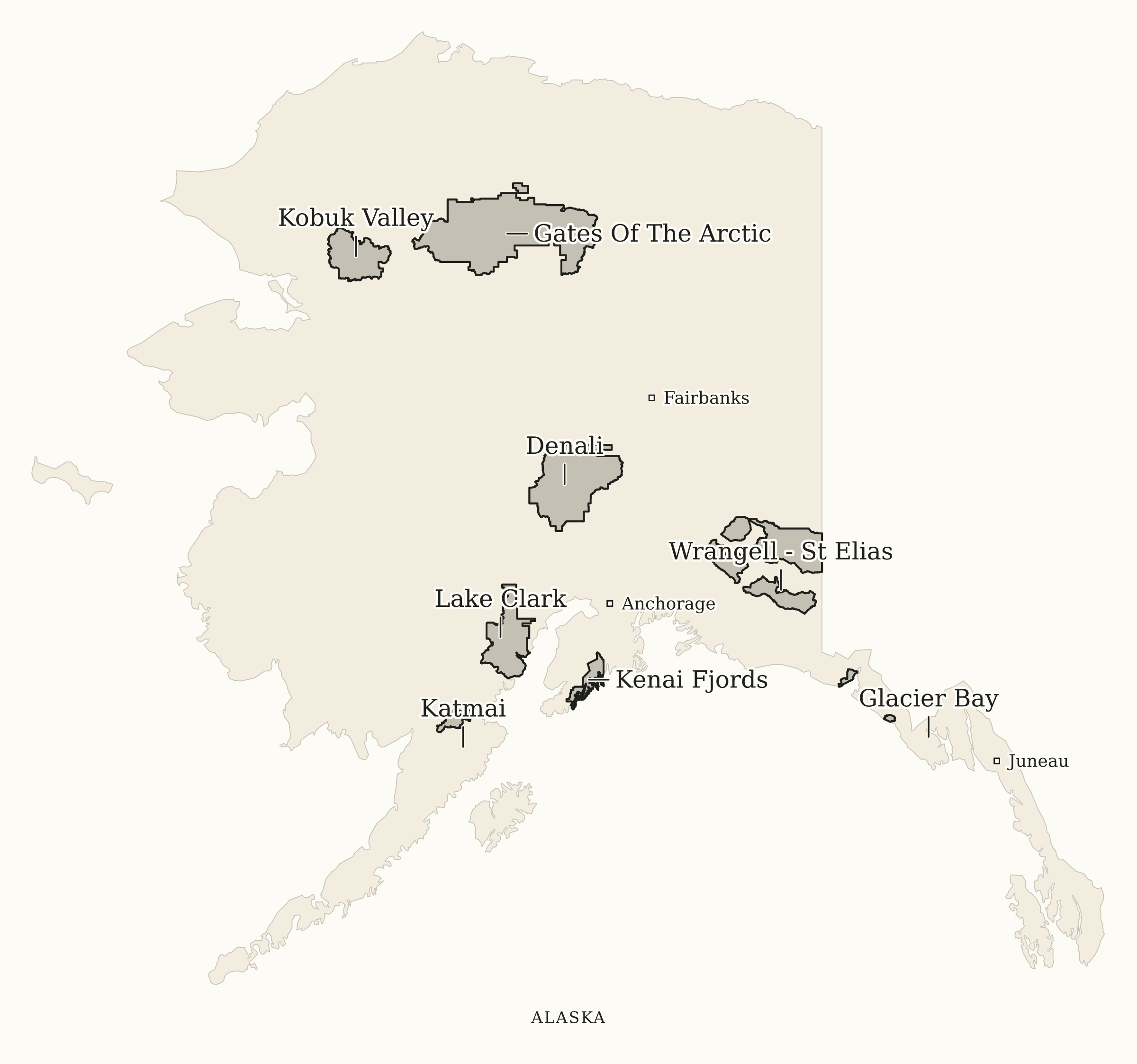 Alaska National Parks map: print-friendly map, showing 8 locations, including Denali, Gates Of The Arctic, Glacier Bay