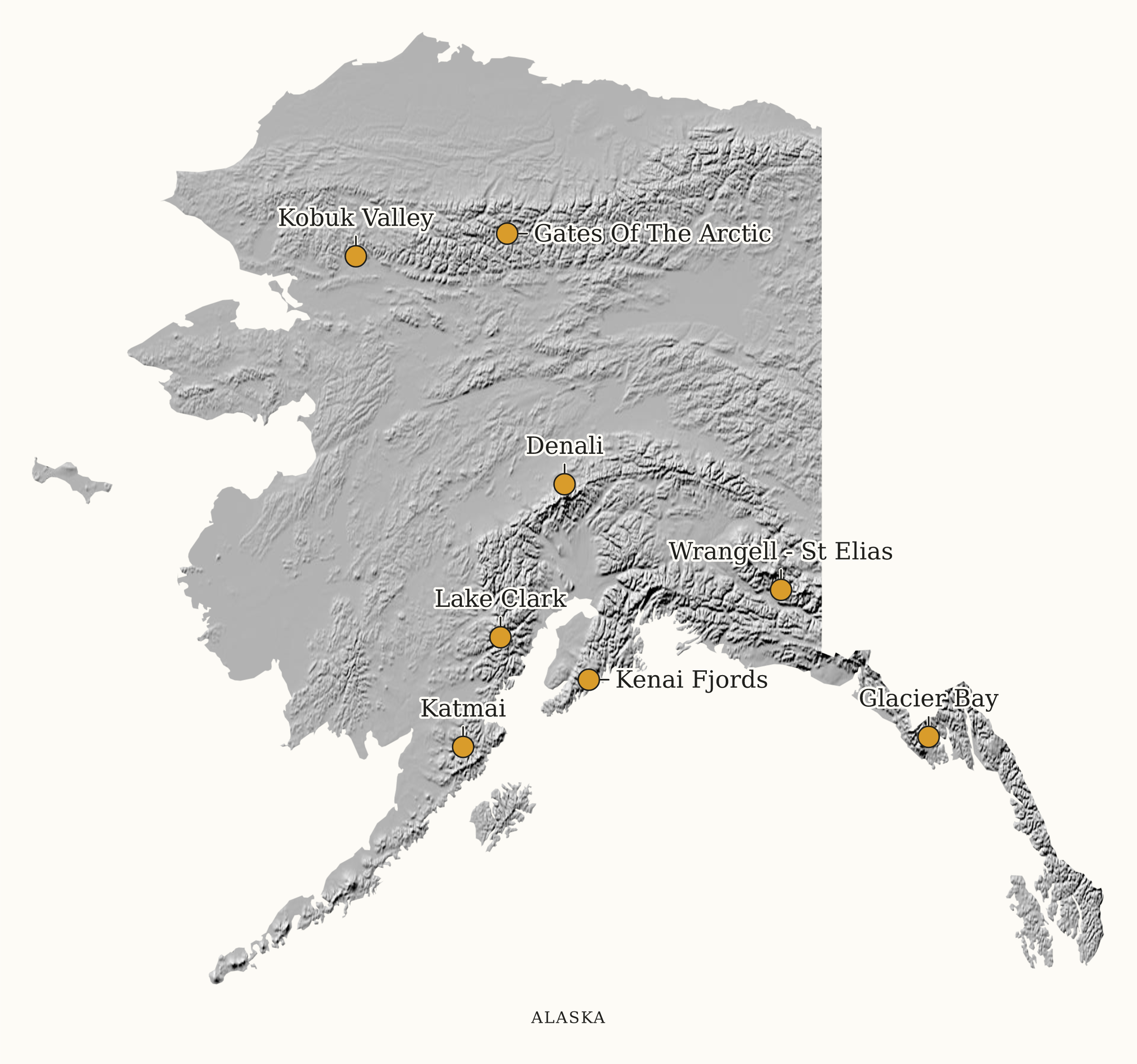 Alaska National Parks map: shaded relief map, showing 8 locations, including Denali, Gates Of The Arctic, Glacier Bay
