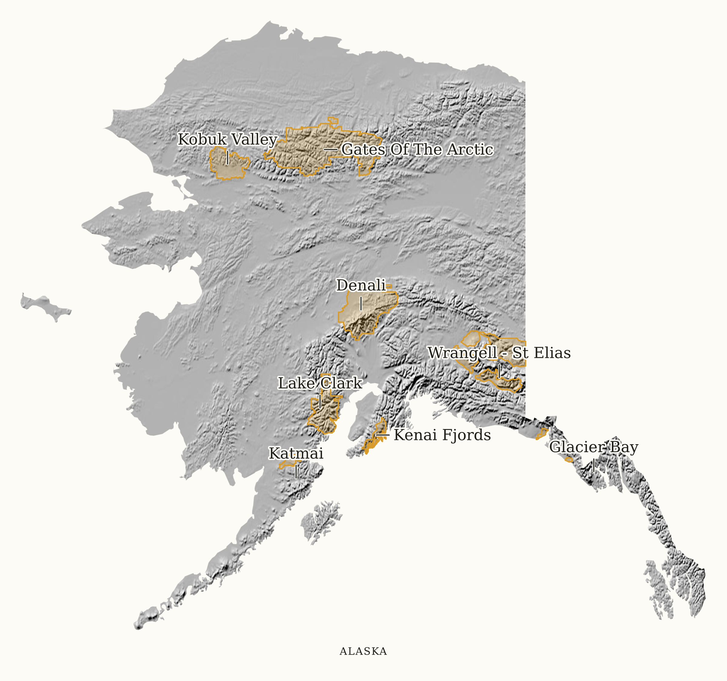 Alaska National Parks map: shaded relief map, showing 8 locations, including Denali, Gates Of The Arctic, Glacier Bay