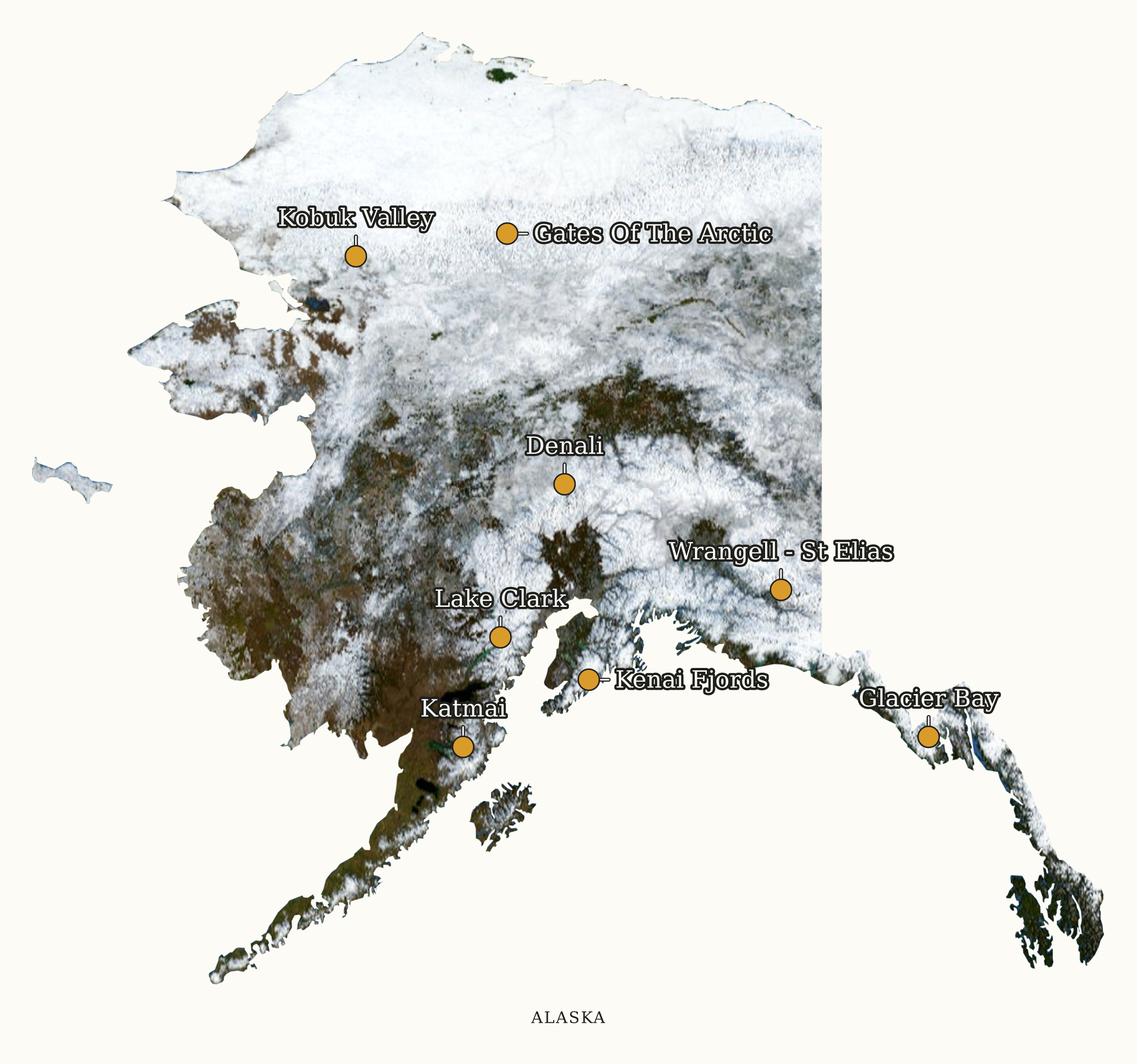 Alaska National Parks map: labeled satellite map, showing 8 locations, including Denali, Gates Of The Arctic, Glacier Bay