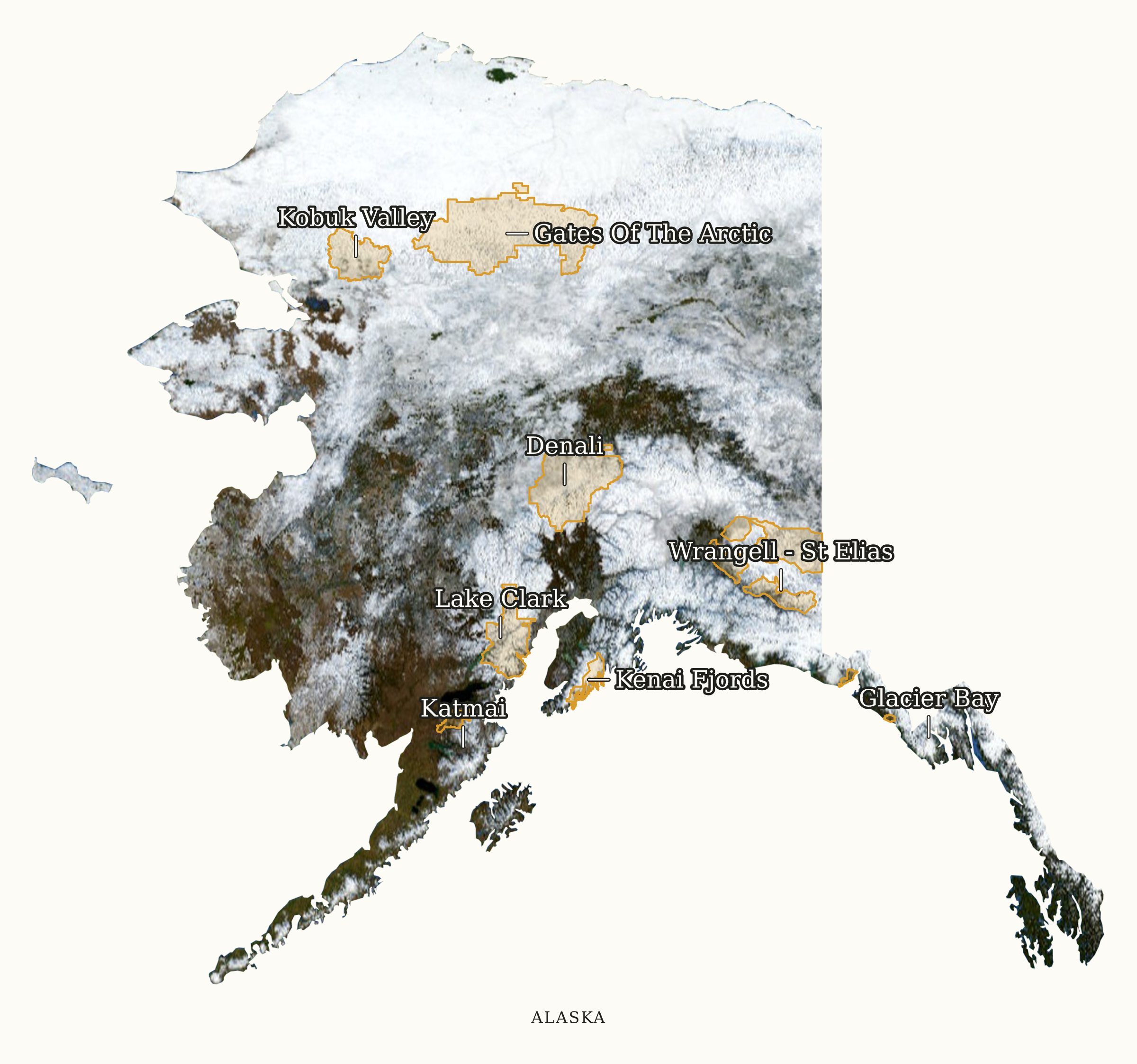 Alaska National Parks map: labeled satellite map, showing 8 locations, including Denali, Gates Of The Arctic, Glacier Bay