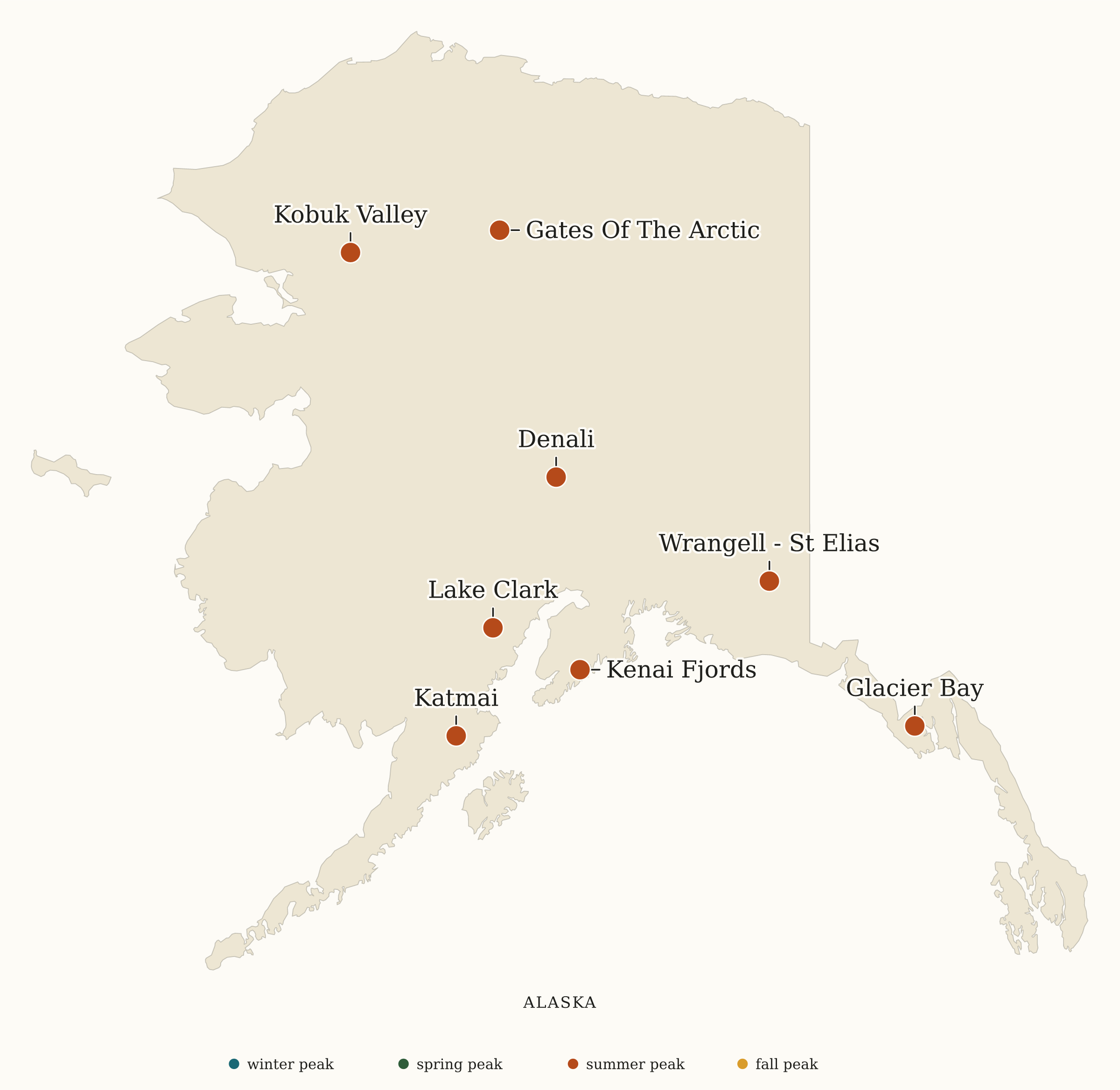 Alaska National Parks map: busiest-season map, showing 8 locations, including Denali, Gates Of The Arctic, Glacier Bay
