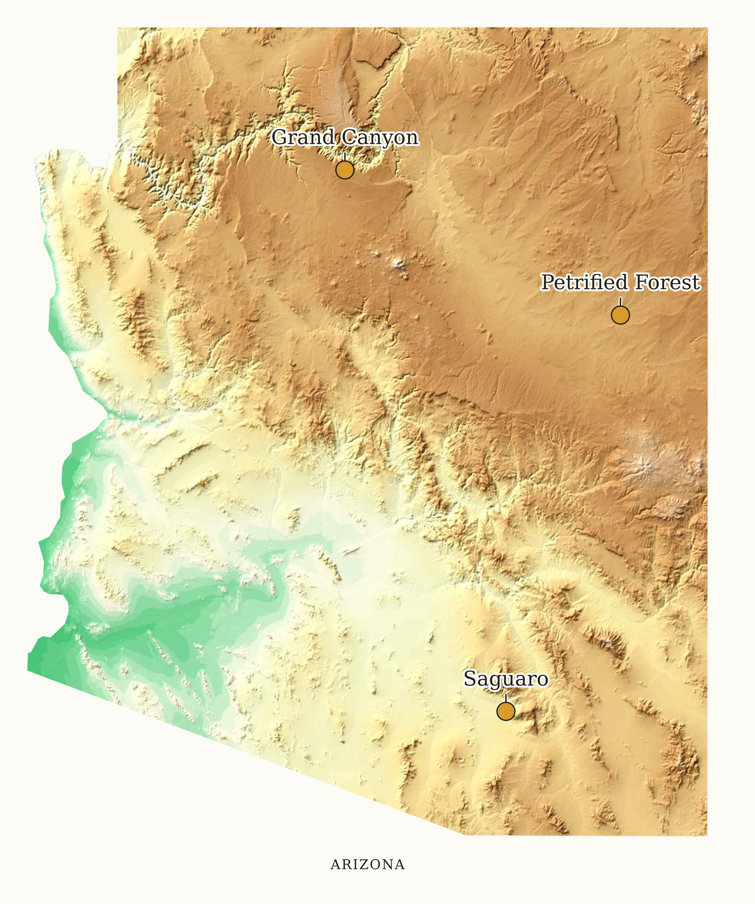 Arizona National Parks map: elevation tint map, showing 3 locations: Grand Canyon, Petrified Forest, Saguaro