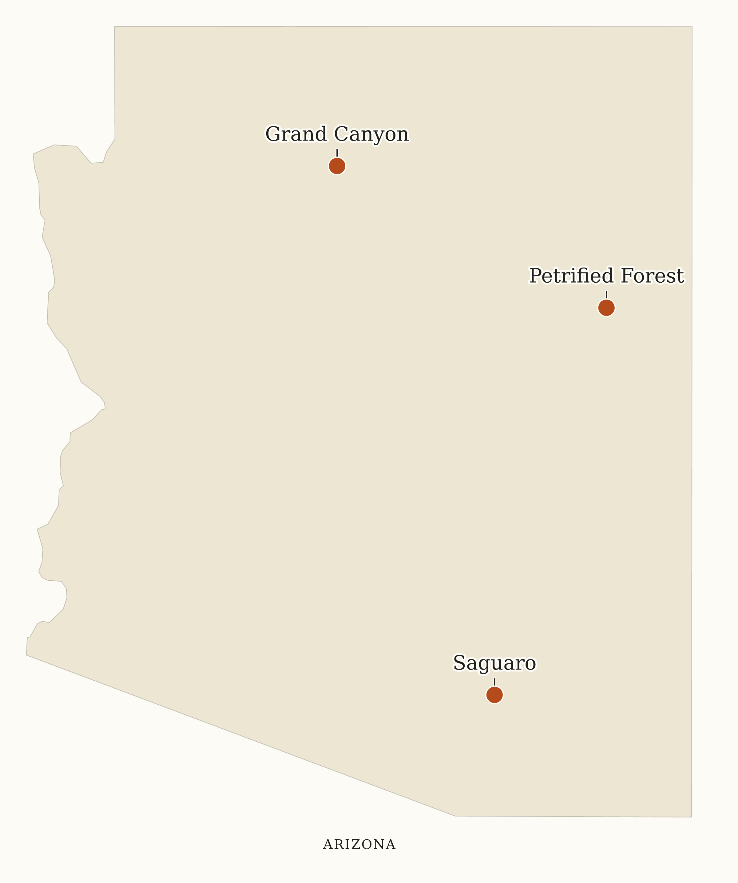 Arizona National Parks map: map with place names, showing 3 locations: Grand Canyon, Petrified Forest, Saguaro