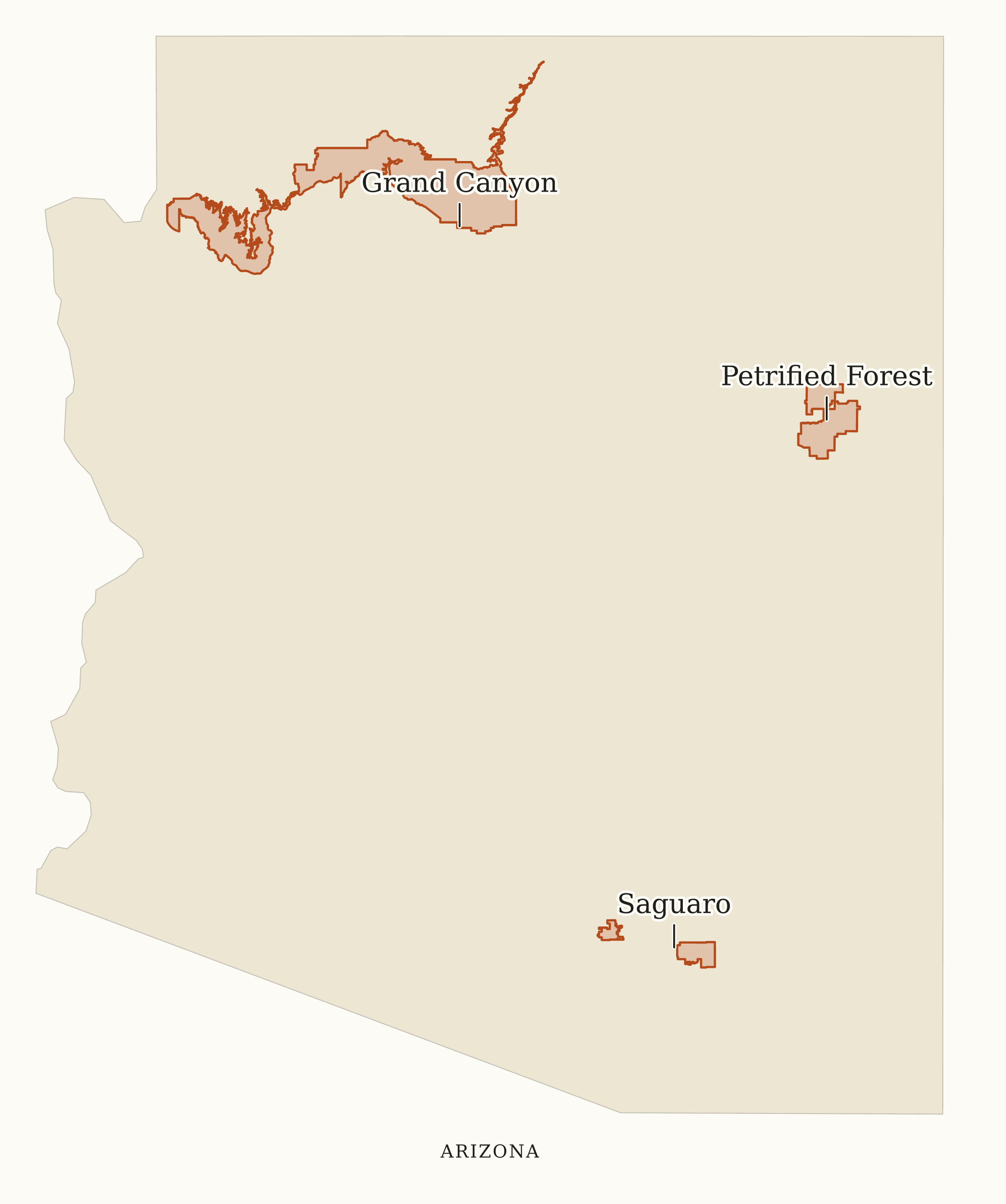 Arizona National Parks map: map with place names, showing 3 locations: Grand Canyon, Petrified Forest, Saguaro