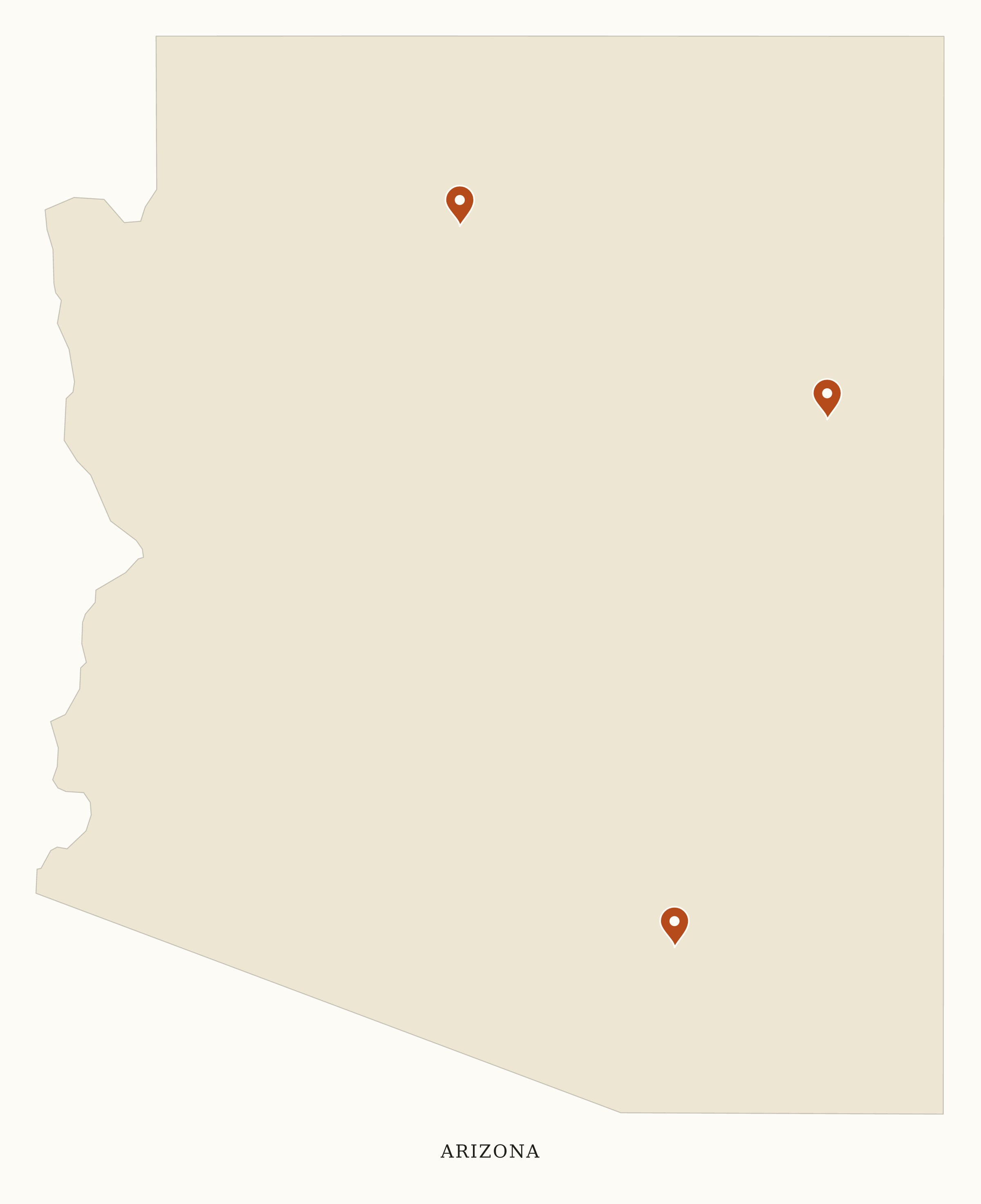 Arizona National Parks map: clean pin map, showing 3 locations: Grand Canyon, Petrified Forest, Saguaro