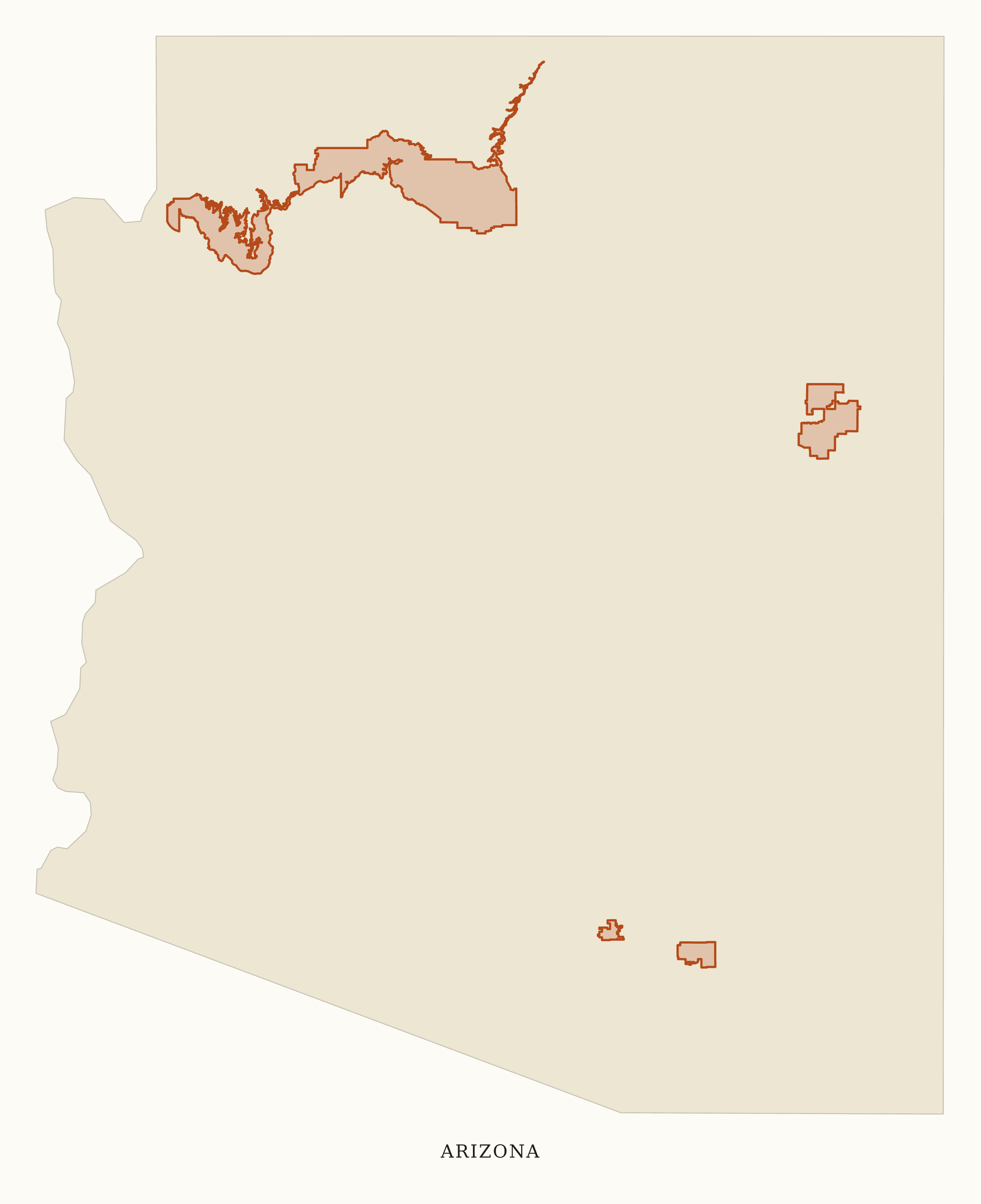 Arizona National Parks map: clean area map, showing 3 locations: Grand Canyon, Petrified Forest, Saguaro