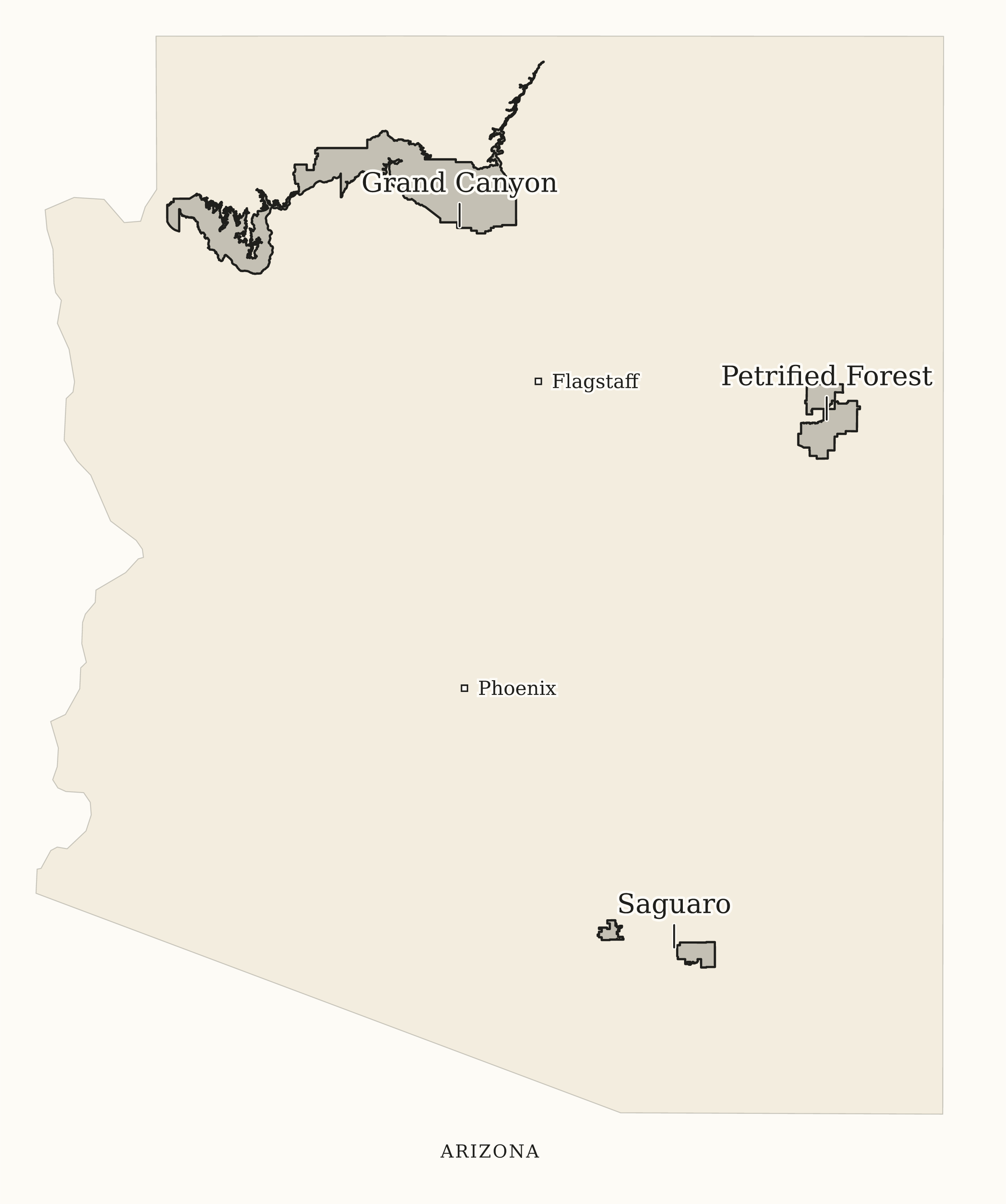 Arizona National Parks map: print-friendly map, showing 3 locations: Grand Canyon, Petrified Forest, Saguaro