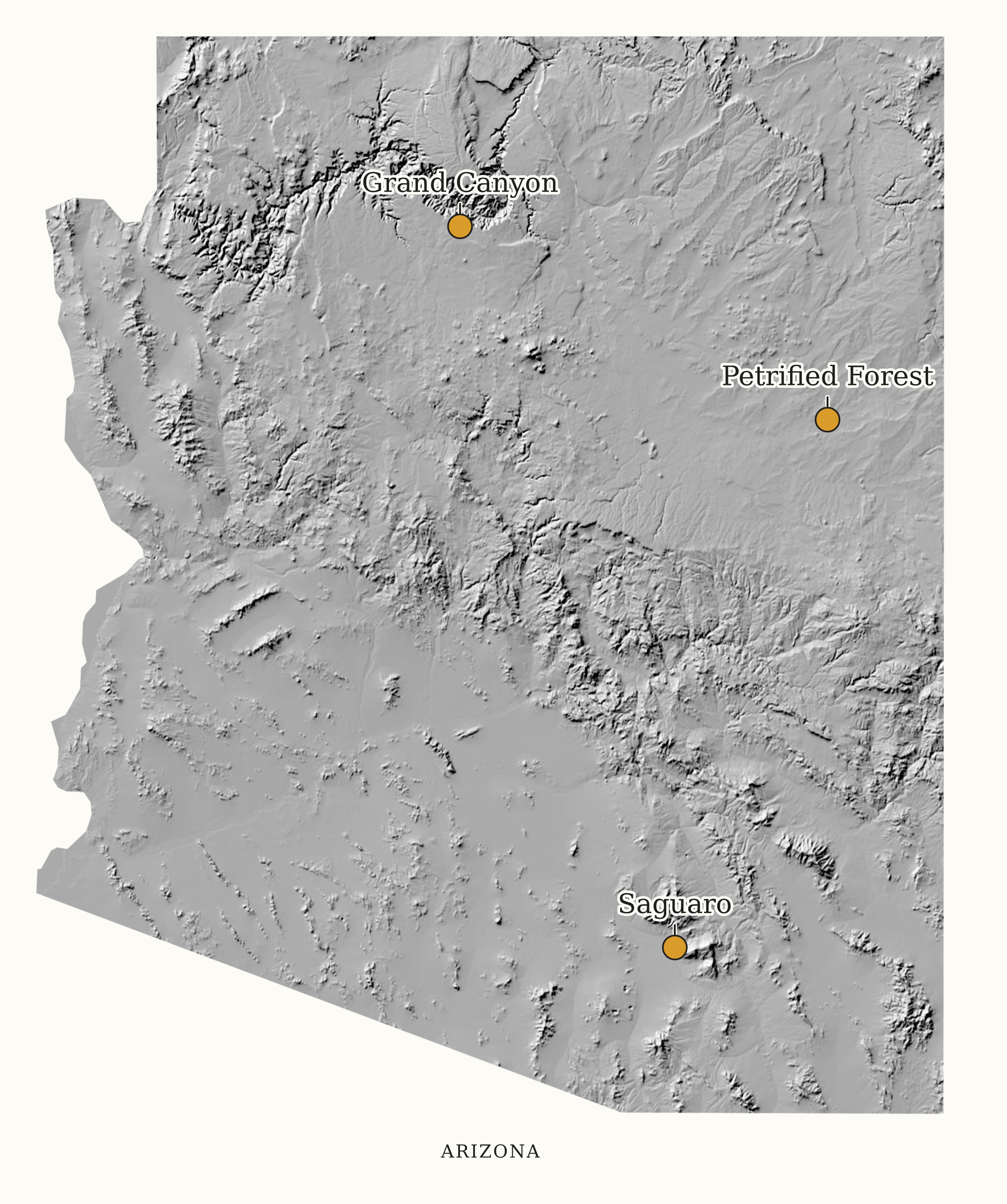 Arizona National Parks map: shaded relief map, showing 3 locations: Grand Canyon, Petrified Forest, Saguaro