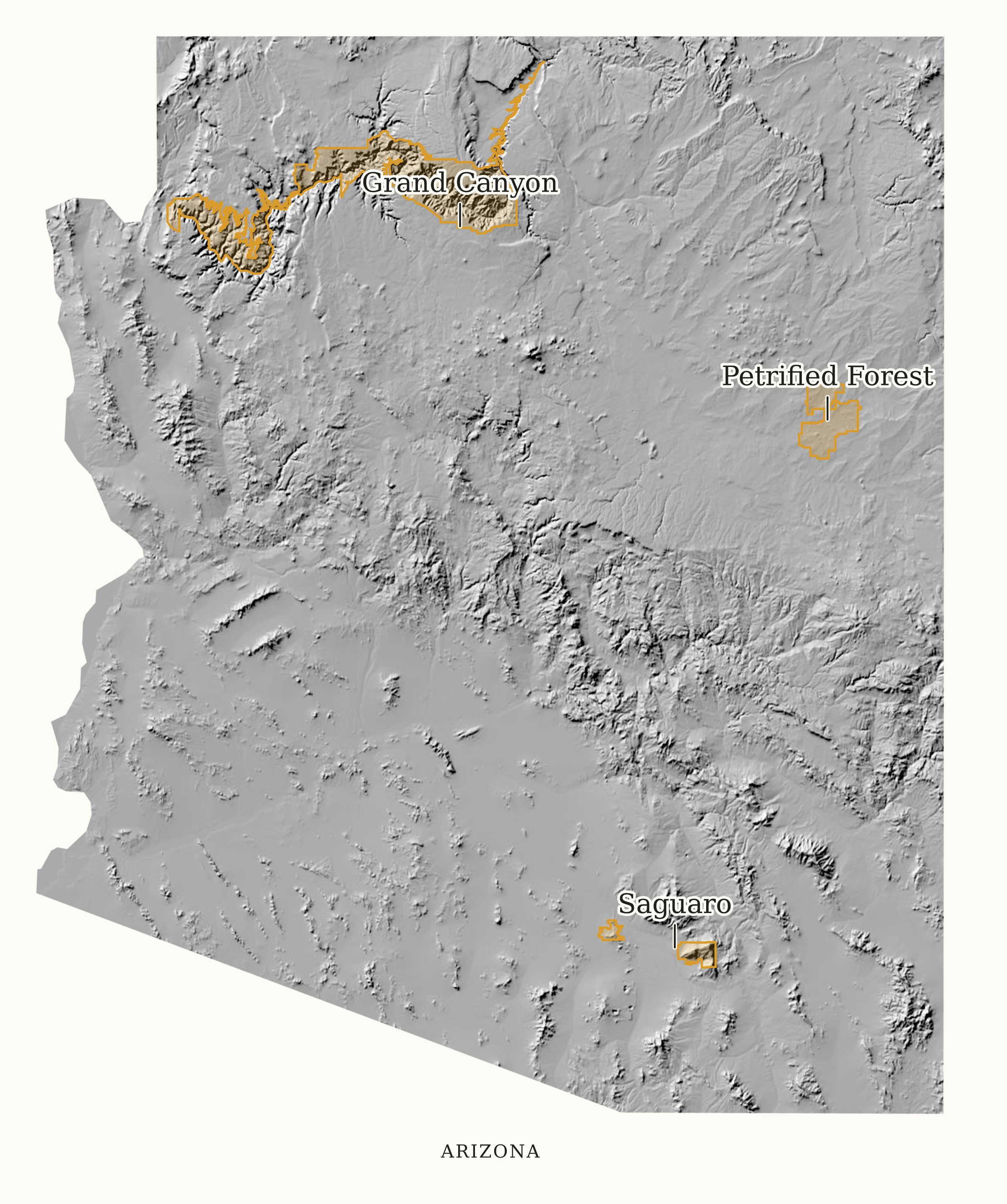 Arizona National Parks map: shaded relief map, showing 3 locations: Grand Canyon, Petrified Forest, Saguaro