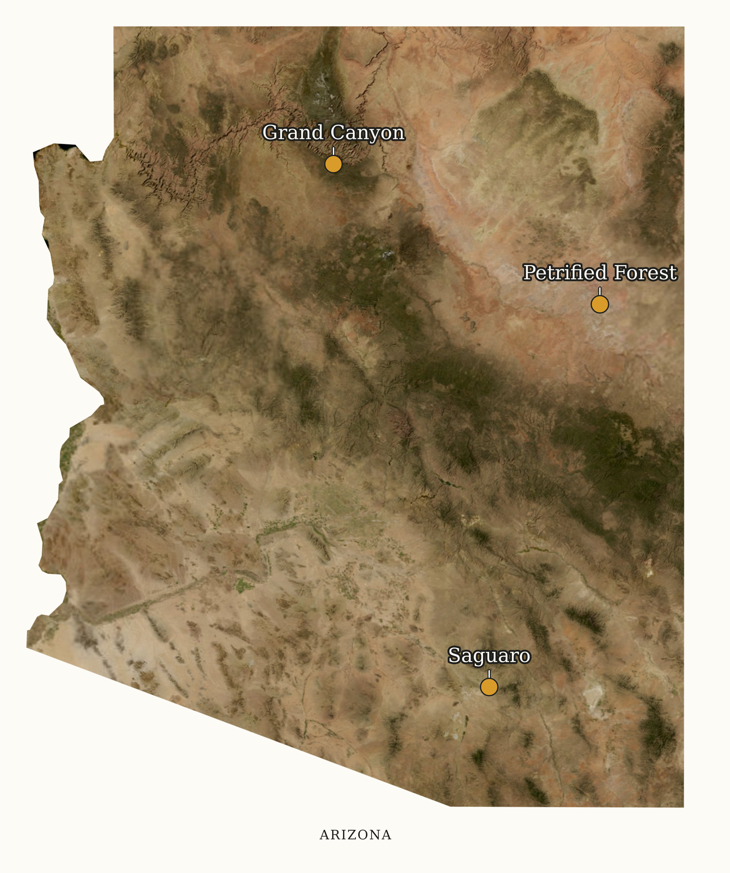 Arizona National Parks map: labeled satellite map, showing 3 locations: Grand Canyon, Petrified Forest, Saguaro