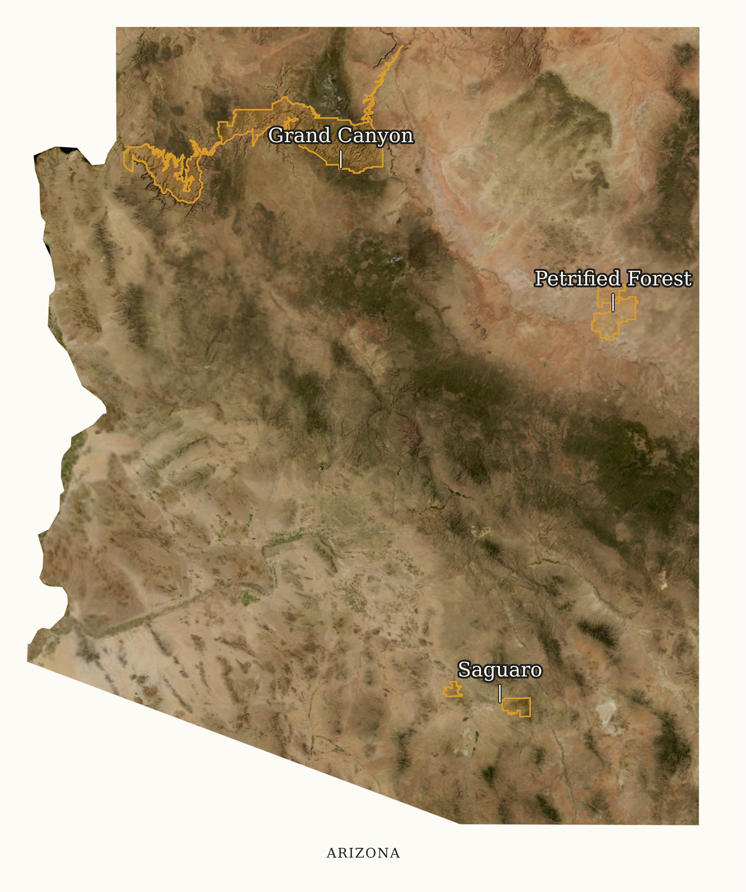 Arizona National Parks map: labeled satellite map, showing 3 locations: Grand Canyon, Petrified Forest, Saguaro