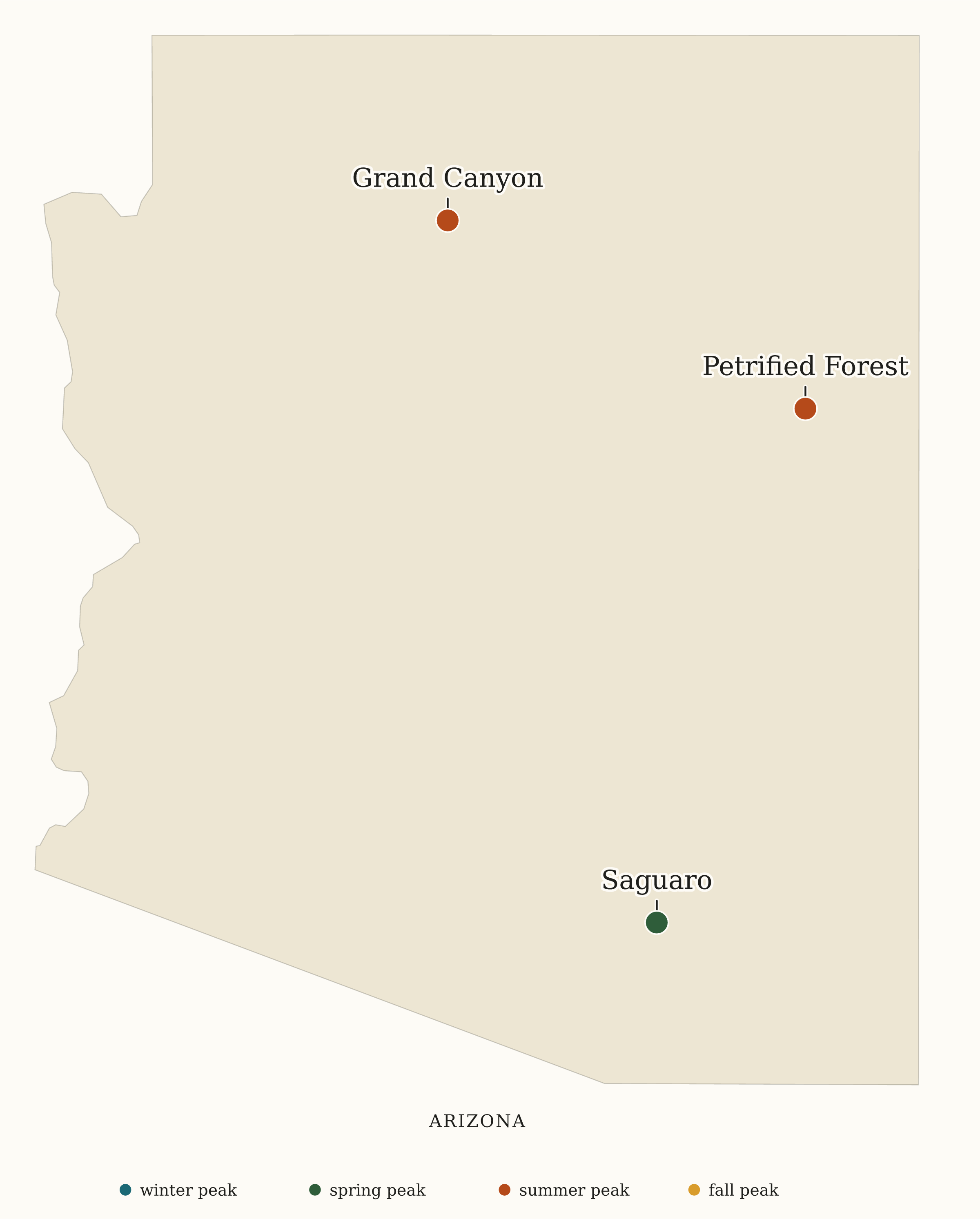 Arizona National Parks map: busiest-season map, showing 3 locations: Grand Canyon, Petrified Forest, Saguaro