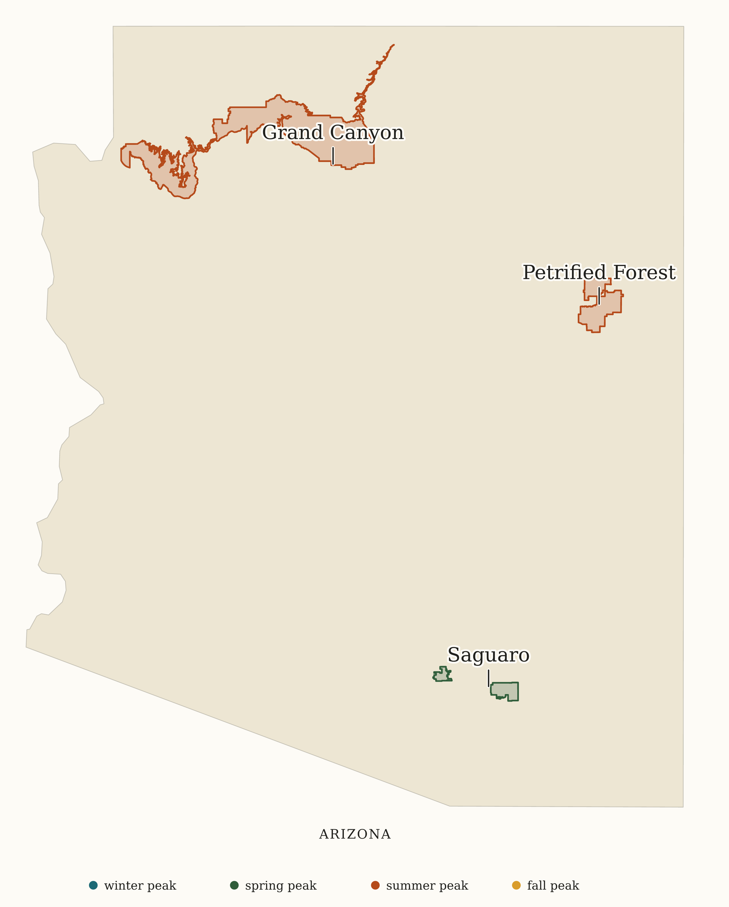 Arizona National Parks map: busiest-season map, showing 3 locations: Grand Canyon, Petrified Forest, Saguaro