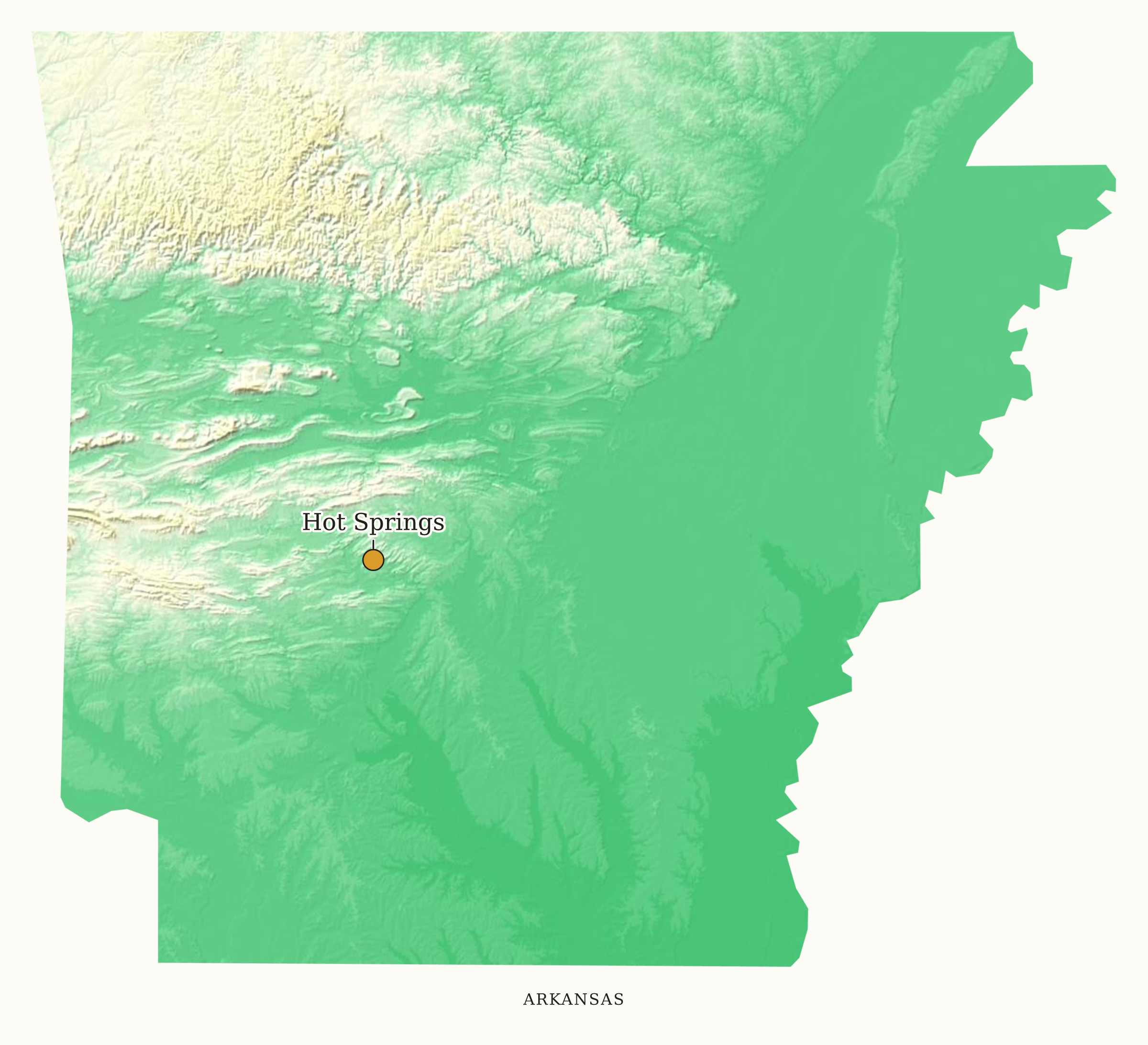 Arkansas National Parks map: elevation tint map, showing 1 locations: Hot Springs