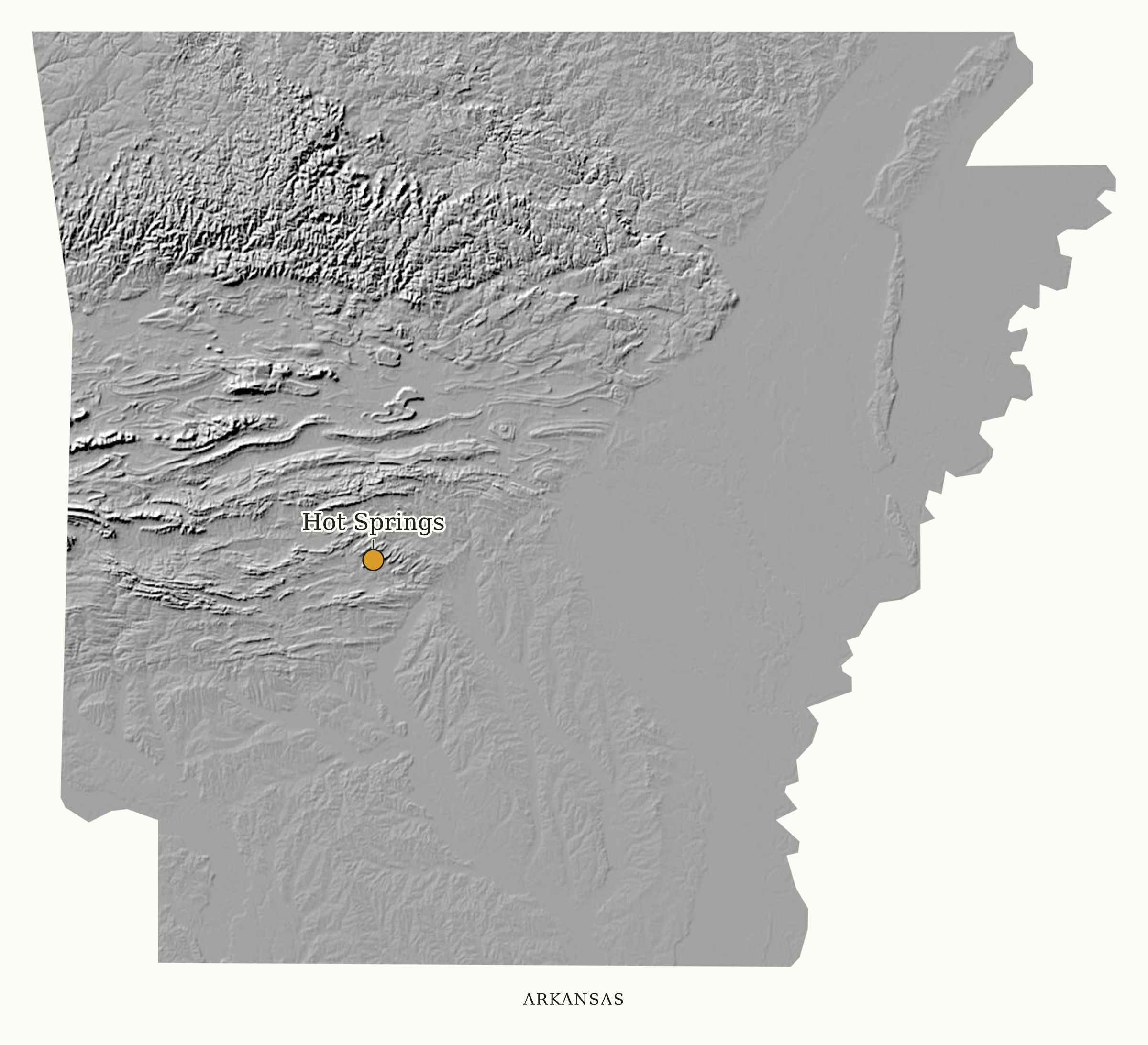 Arkansas National Parks map: shaded relief map, showing 1 locations: Hot Springs