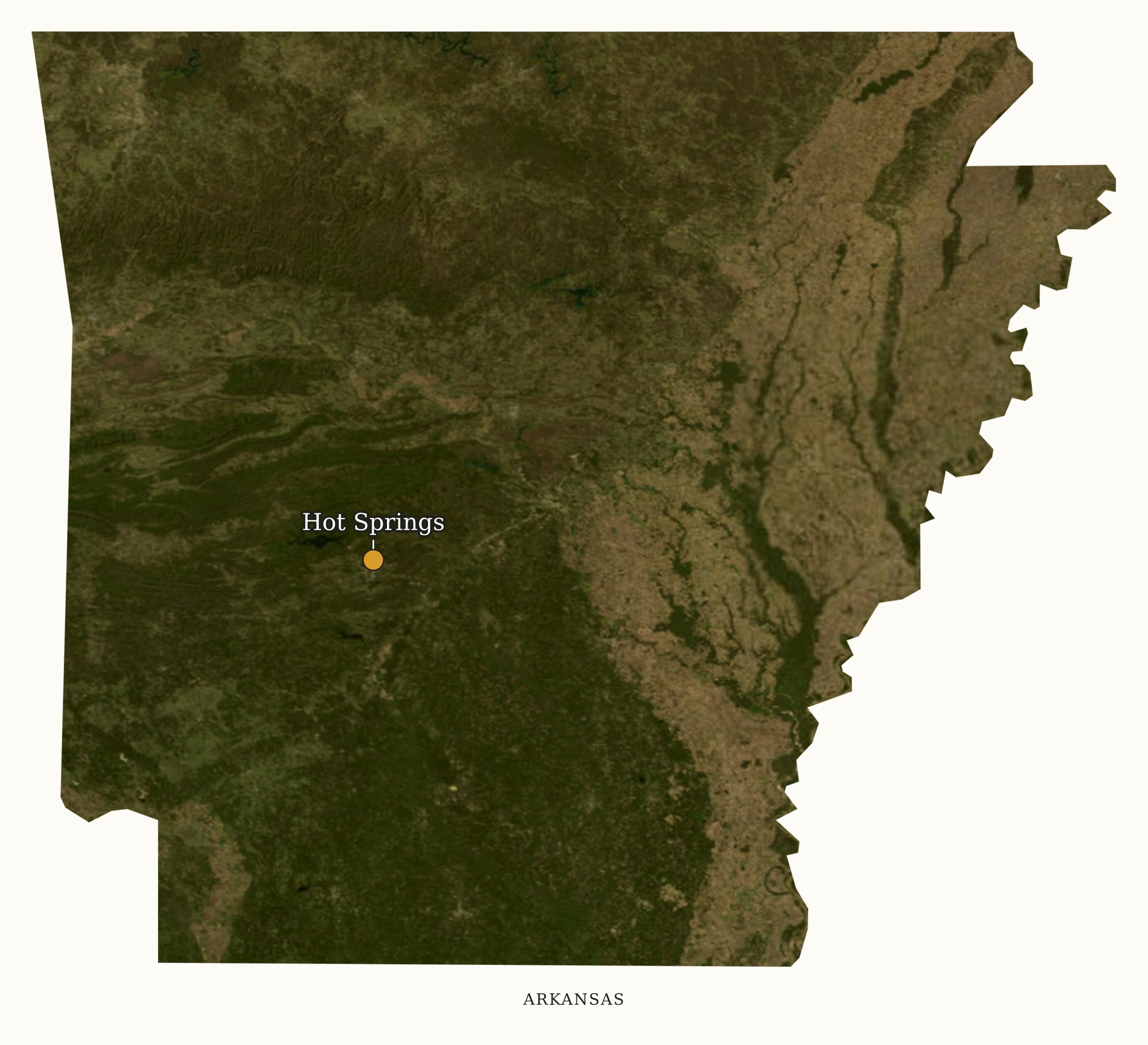 Arkansas National Parks map: labeled satellite map, showing 1 locations: Hot Springs