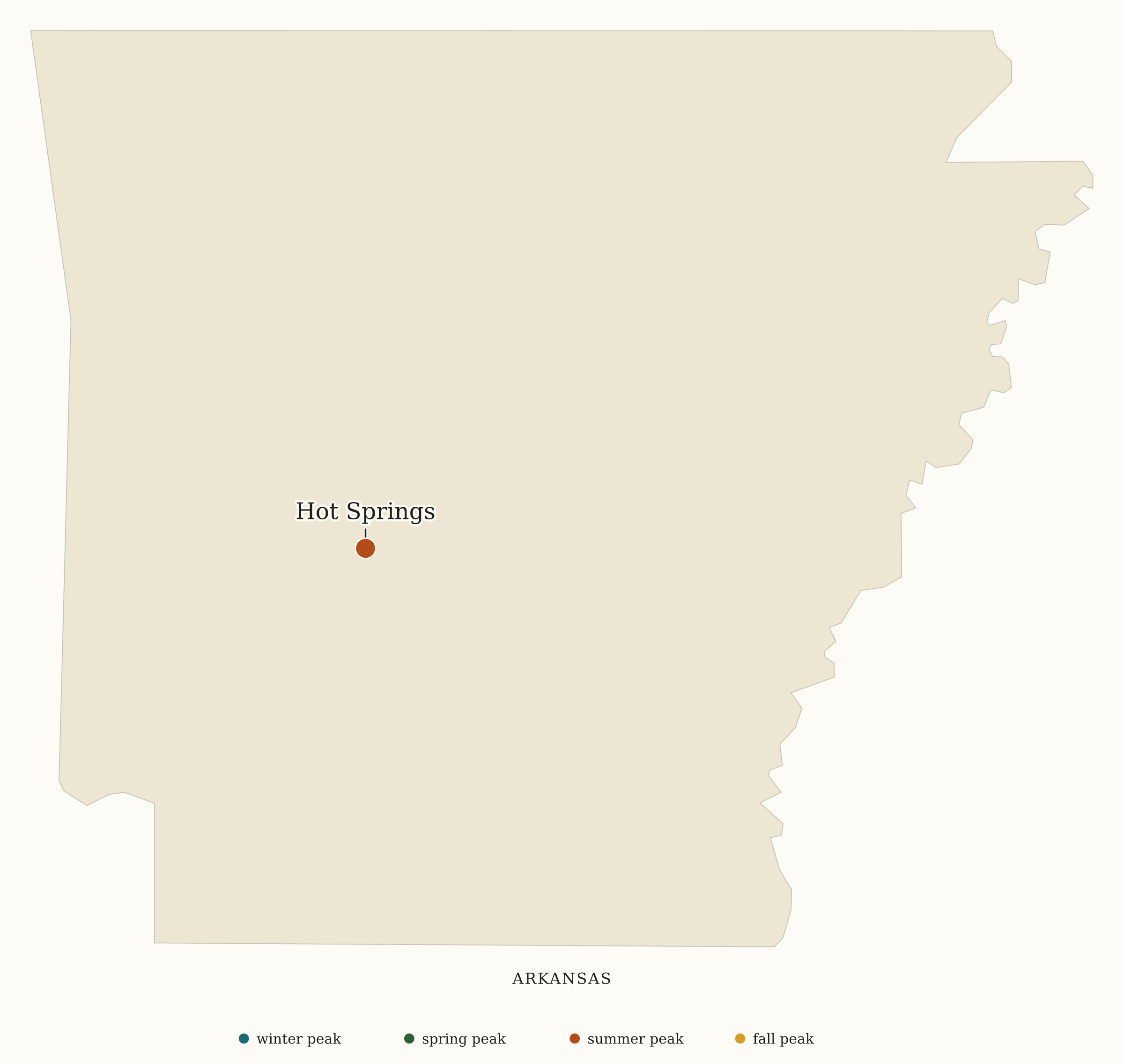 Arkansas National Parks map: busiest-season map, showing 1 locations: Hot Springs