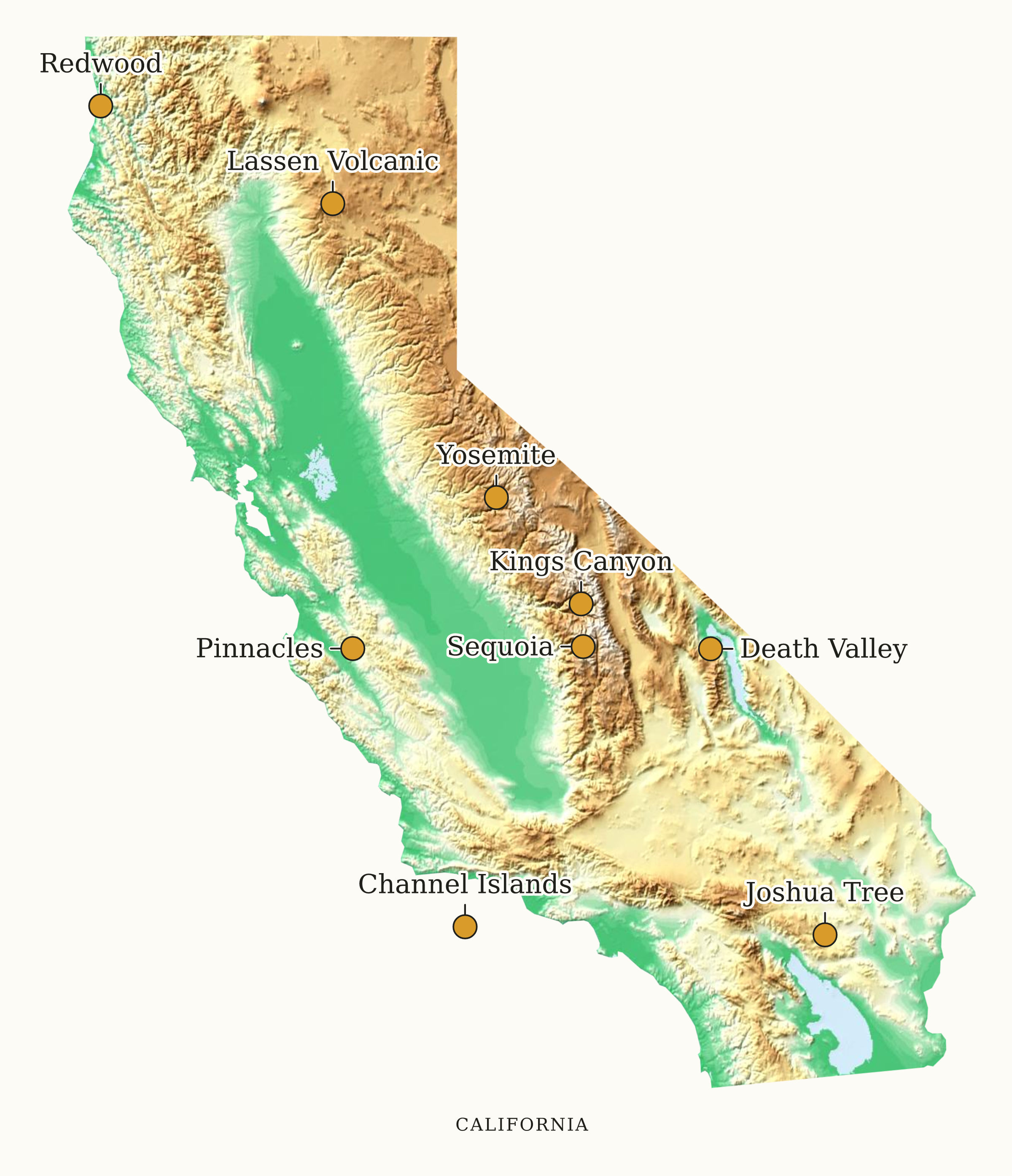 California National Parks map: elevation tint map, showing 9 locations, including Channel Islands, Death Valley, Joshua Tree