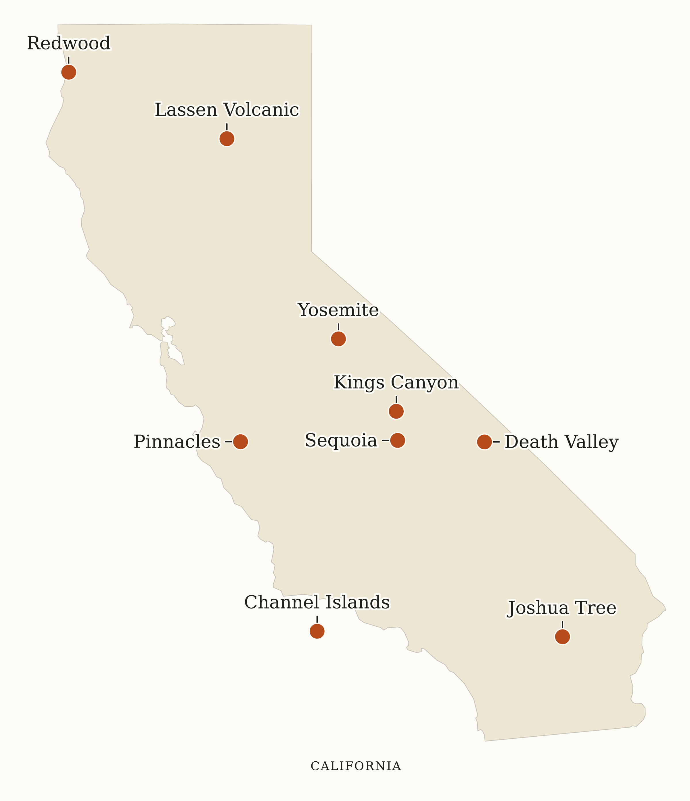 California National Parks map: map with place names, showing 9 locations, including Channel Islands, Death Valley, Joshua Tree
