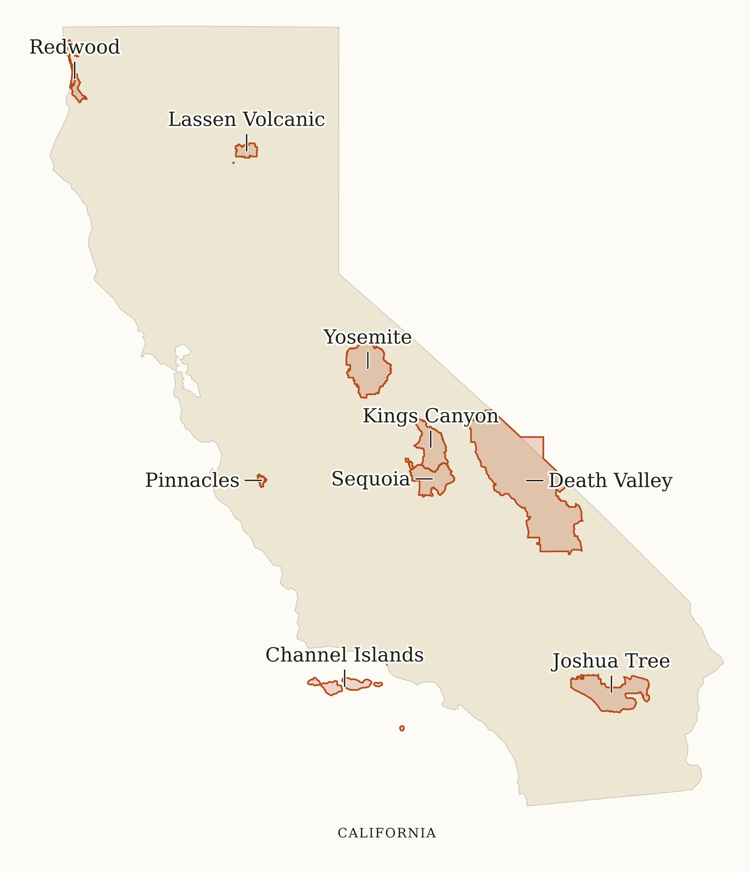 California National Parks map: map with place names, showing 9 locations, including Channel Islands, Death Valley, Joshua Tree