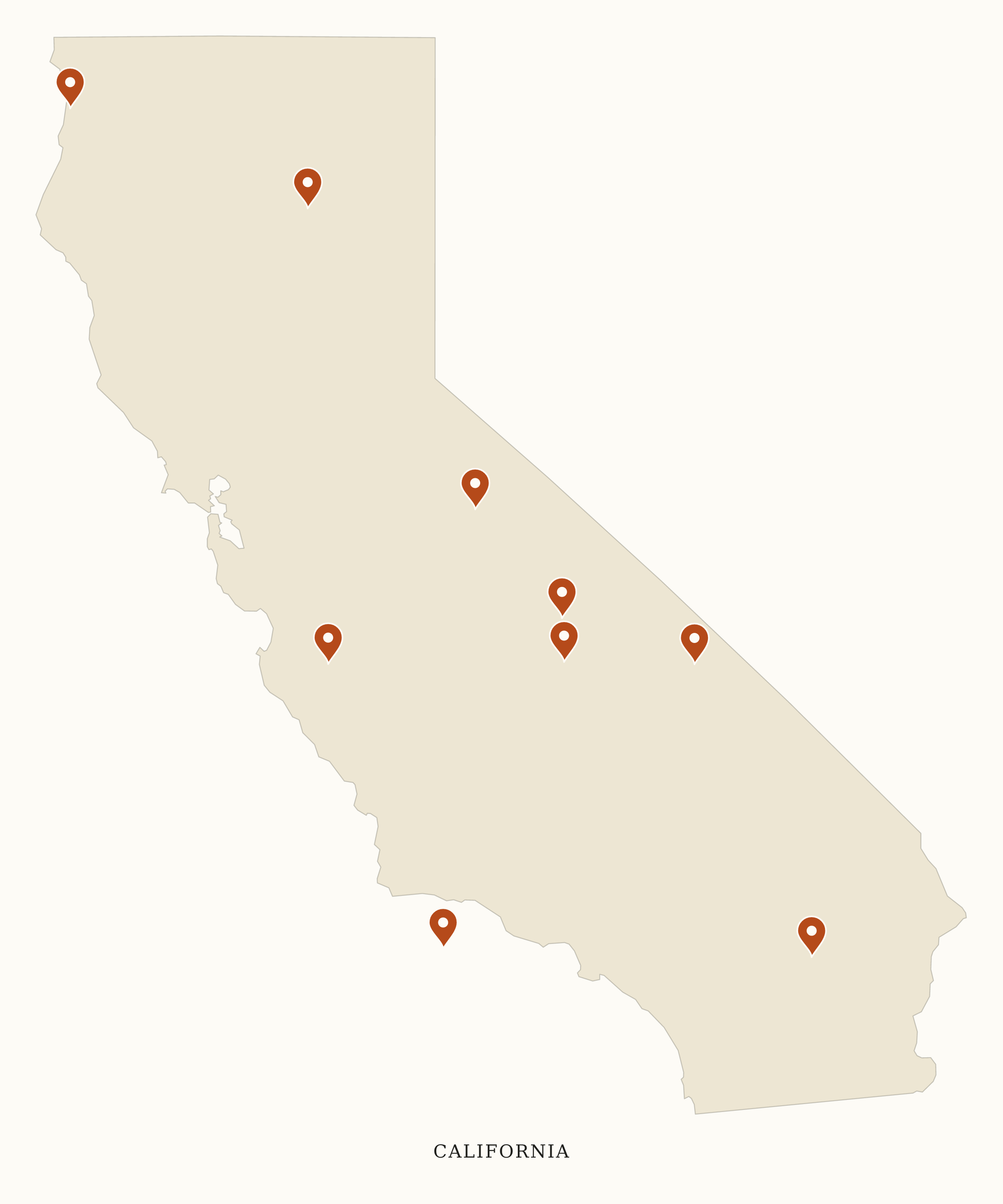 California National Parks map: clean pin map, showing 9 locations, including Channel Islands, Death Valley, Joshua Tree
