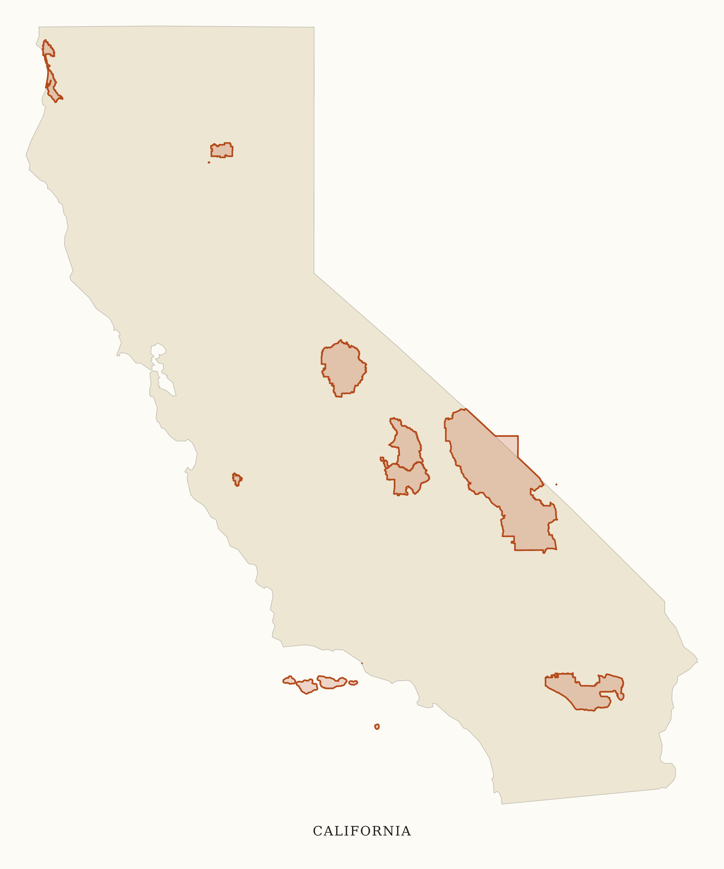 California National Parks map: clean area map, showing 9 locations, including Channel Islands, Death Valley, Joshua Tree