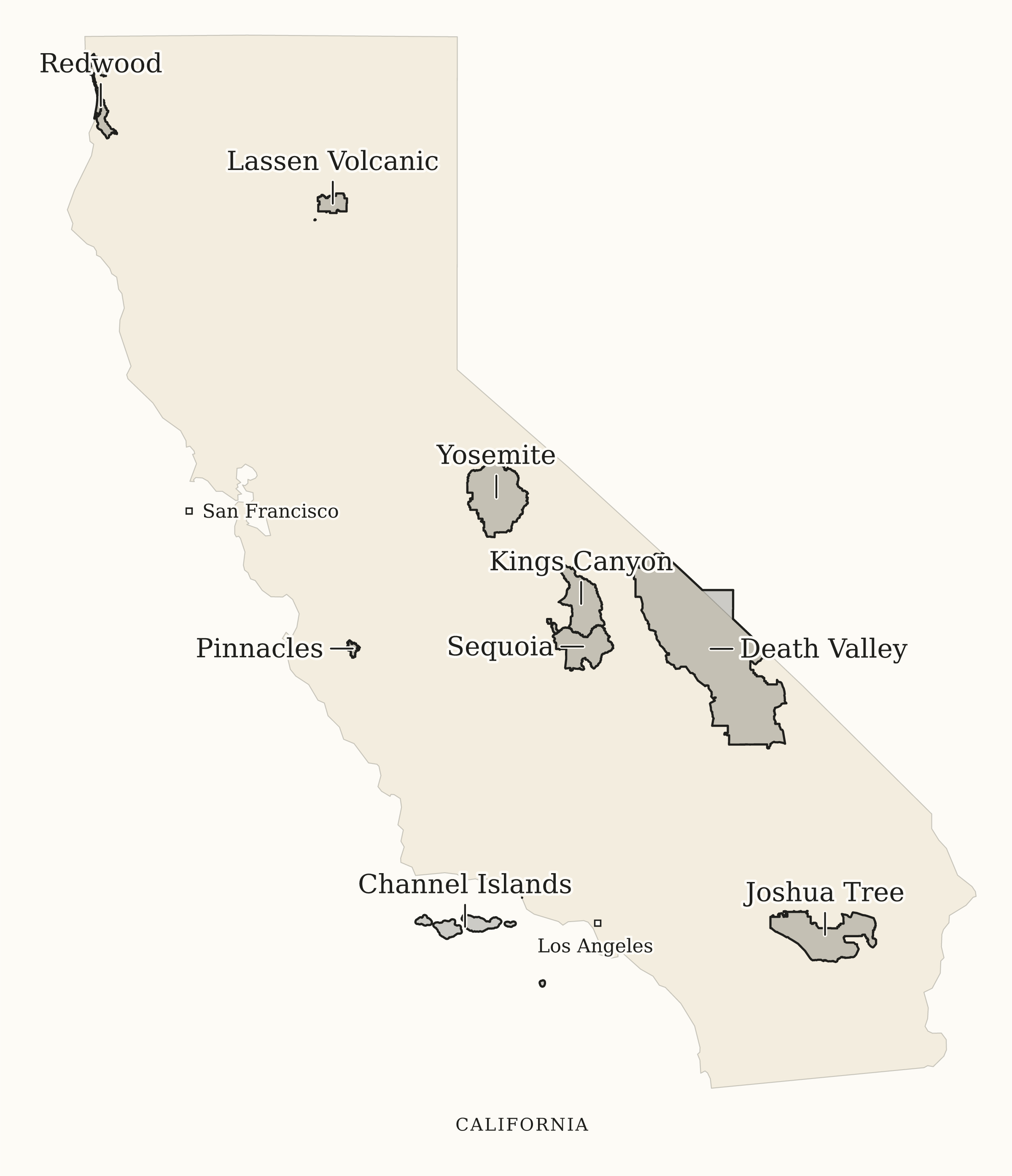 California National Parks map: print-friendly map, showing 9 locations, including Channel Islands, Death Valley, Joshua Tree
