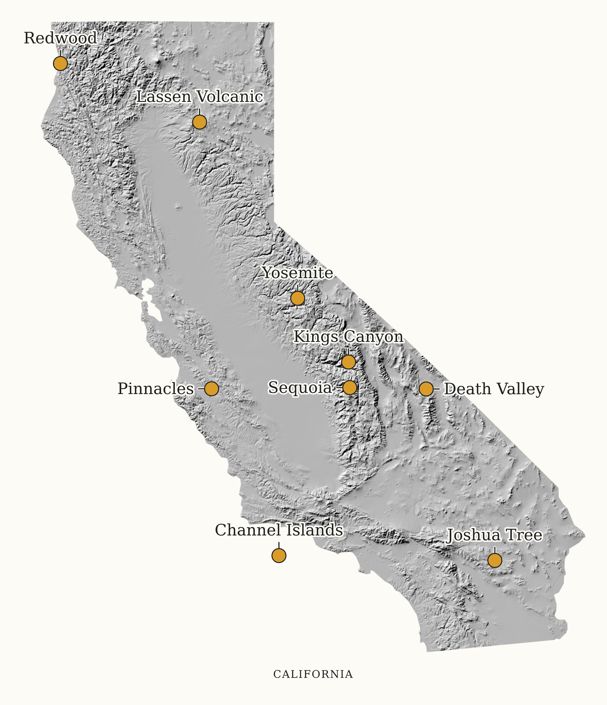 California National Parks map: shaded relief map, showing 9 locations, including Channel Islands, Death Valley, Joshua Tree