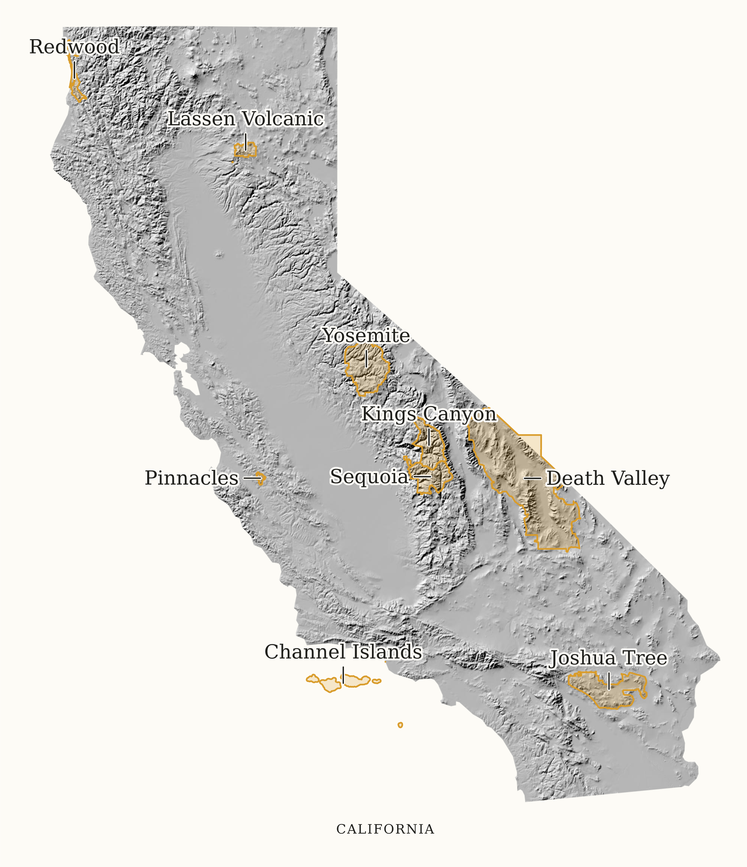 California National Parks map: shaded relief map, showing 9 locations, including Channel Islands, Death Valley, Joshua Tree
