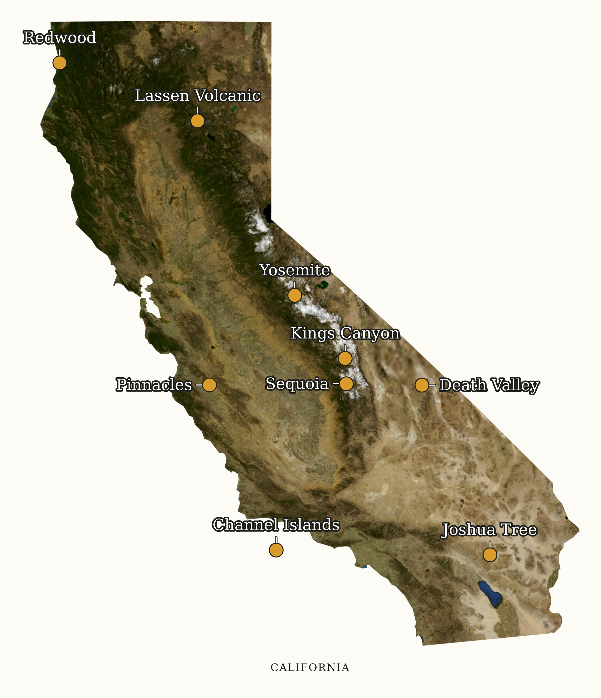 California National Parks map: labeled satellite map, showing 9 locations, including Channel Islands, Death Valley, Joshua Tree