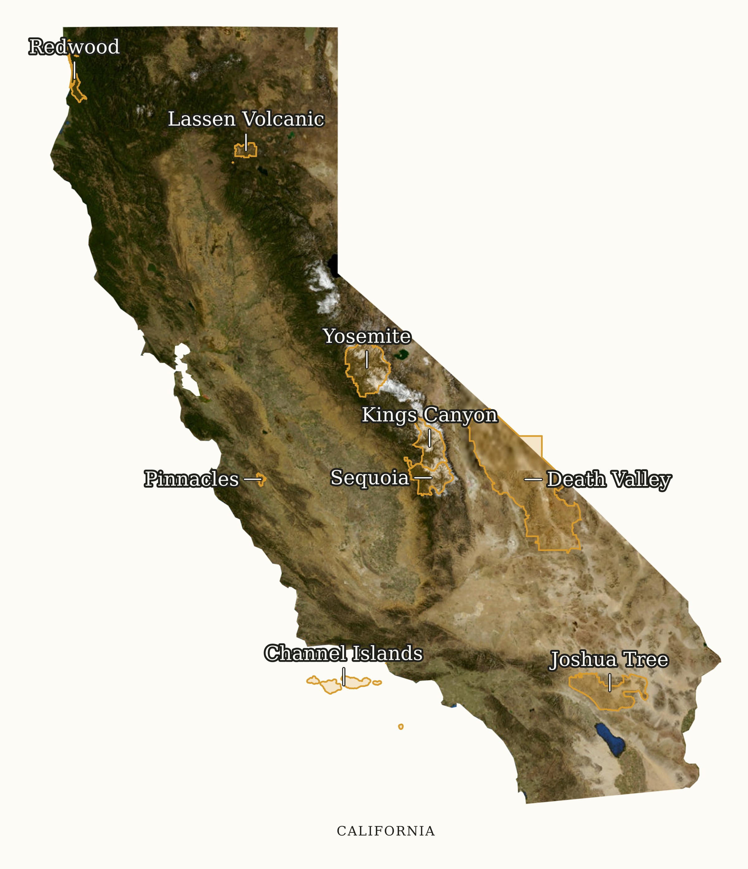 California National Parks map: labeled satellite map, showing 9 locations, including Channel Islands, Death Valley, Joshua Tree