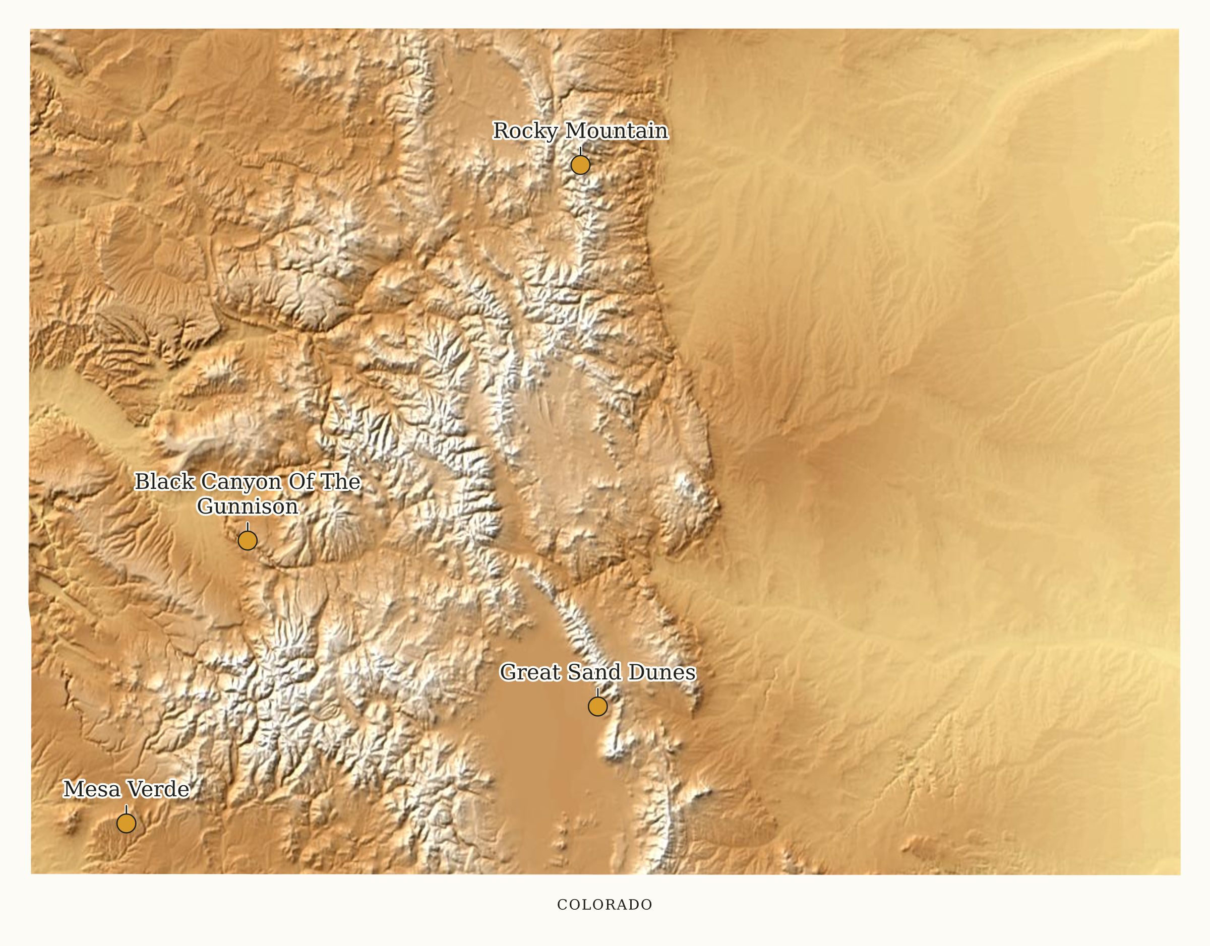 Colorado National Parks map: elevation tint map, showing 4 locations: Black Canyon Of The Gunnison, Great Sand Dunes, Mesa Verde, Rocky Mountain