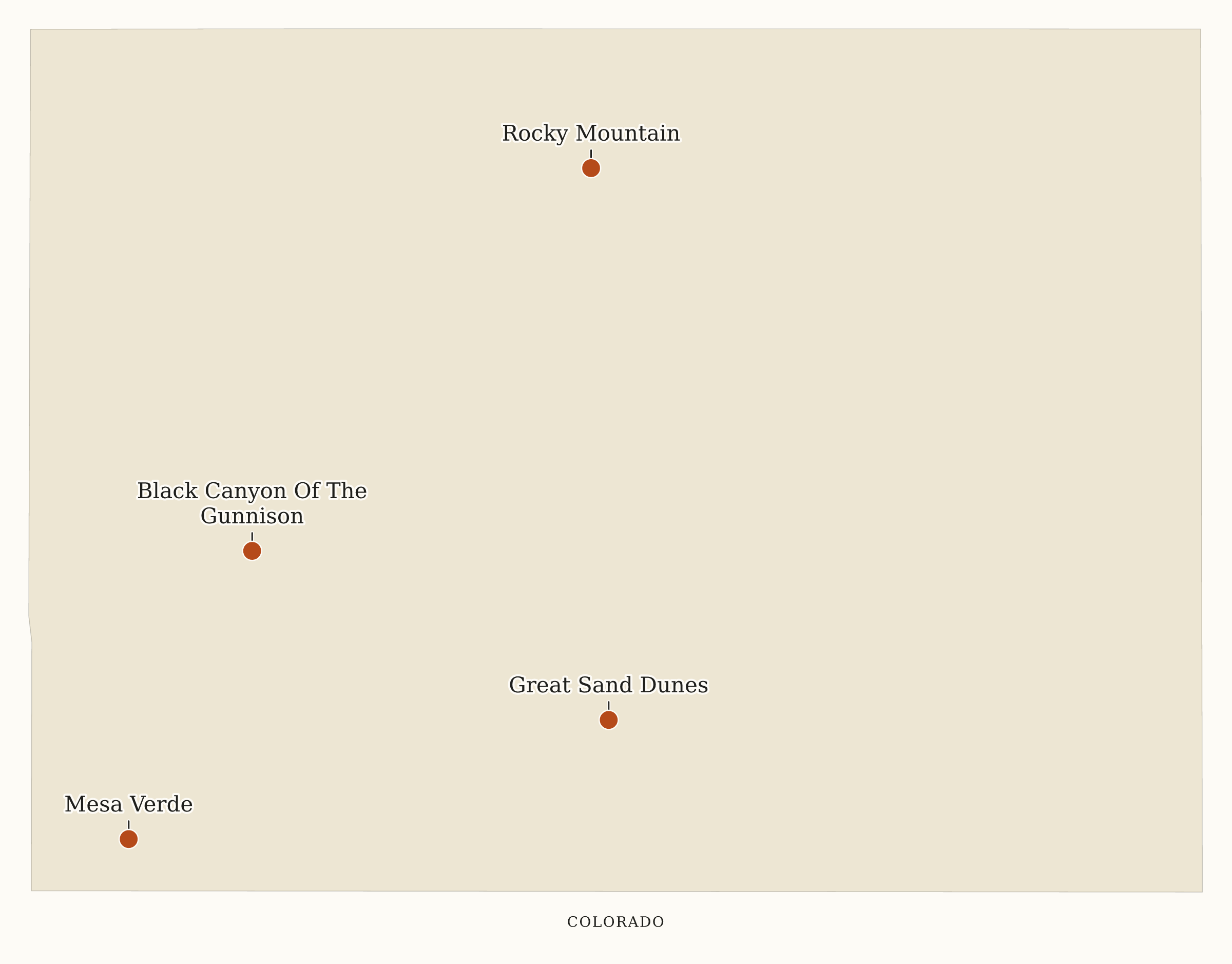 Colorado National Parks map: map with place names, showing 4 locations: Black Canyon Of The Gunnison, Great Sand Dunes, Mesa Verde, Rocky Mountain