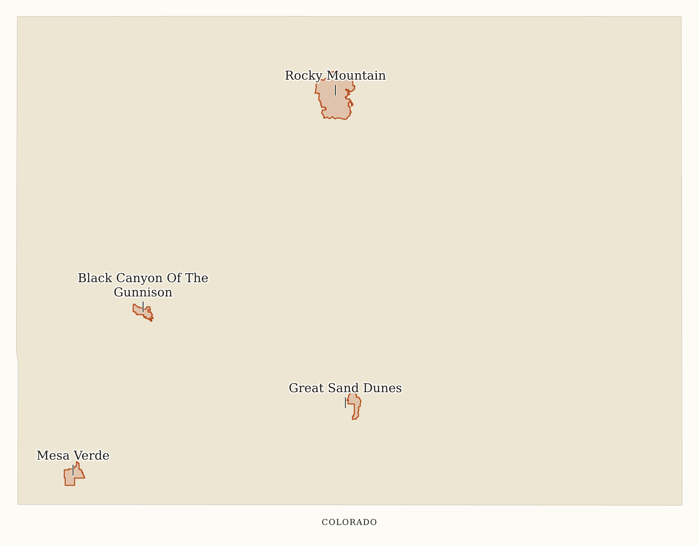 Colorado National Parks map: map with place names, showing 4 locations: Black Canyon Of The Gunnison, Great Sand Dunes, Mesa Verde, Rocky Mountain